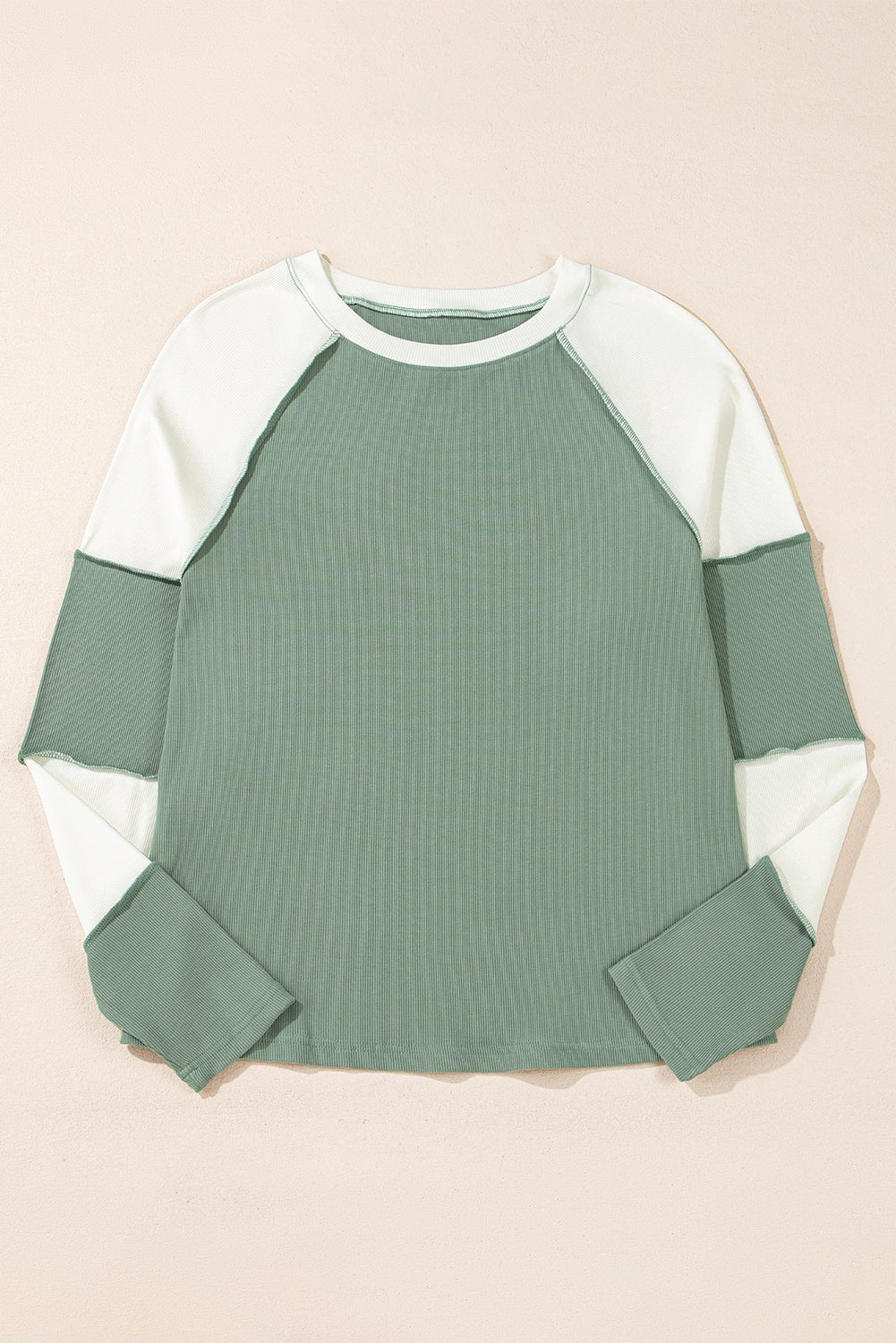 Mint Green Ribbed Colorblock Patchwork Raglan Long Sleeve Top - MAD RUFFI