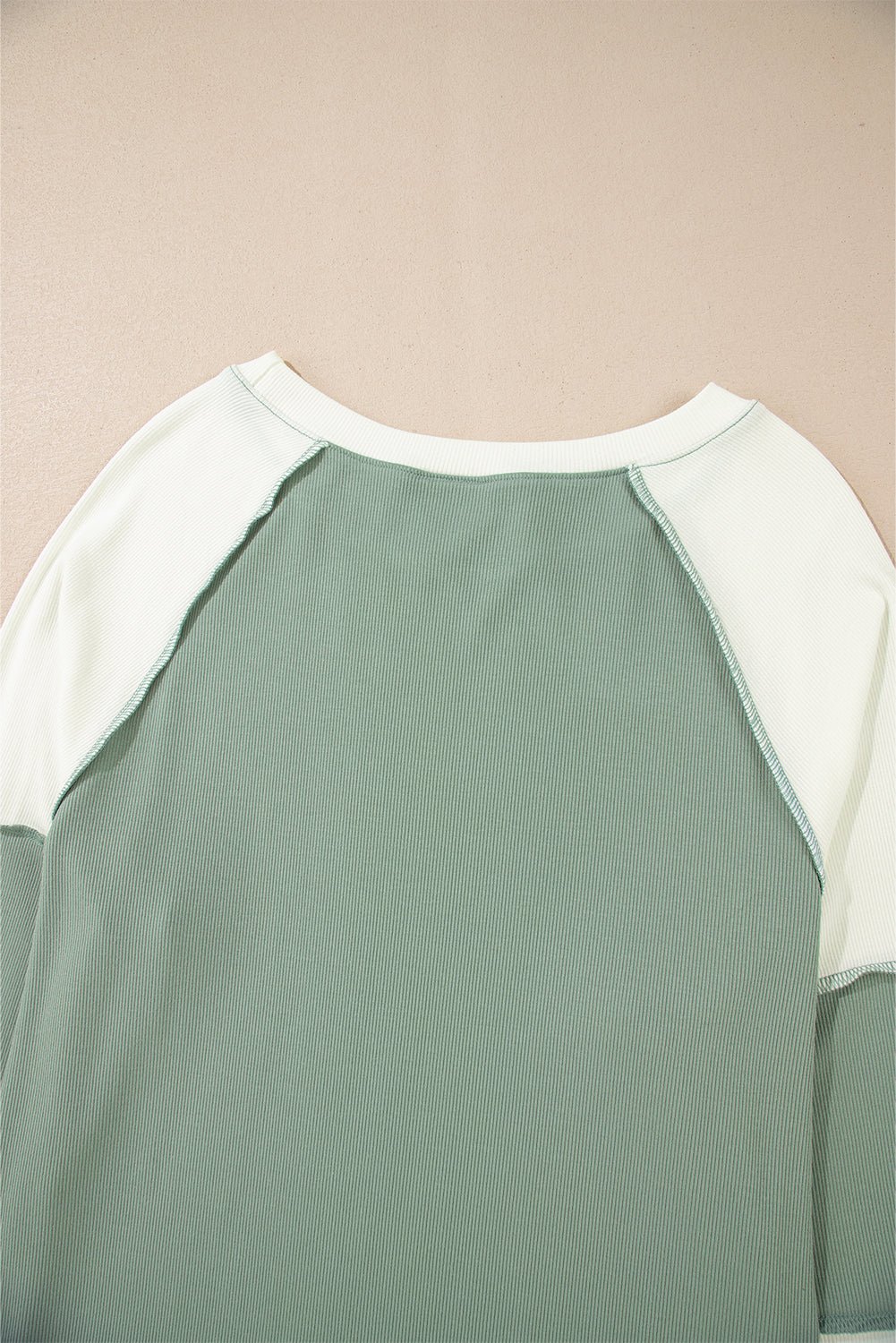 Mint Green Ribbed Colorblock Patchwork Raglan Long Sleeve Top - MAD RUFFI