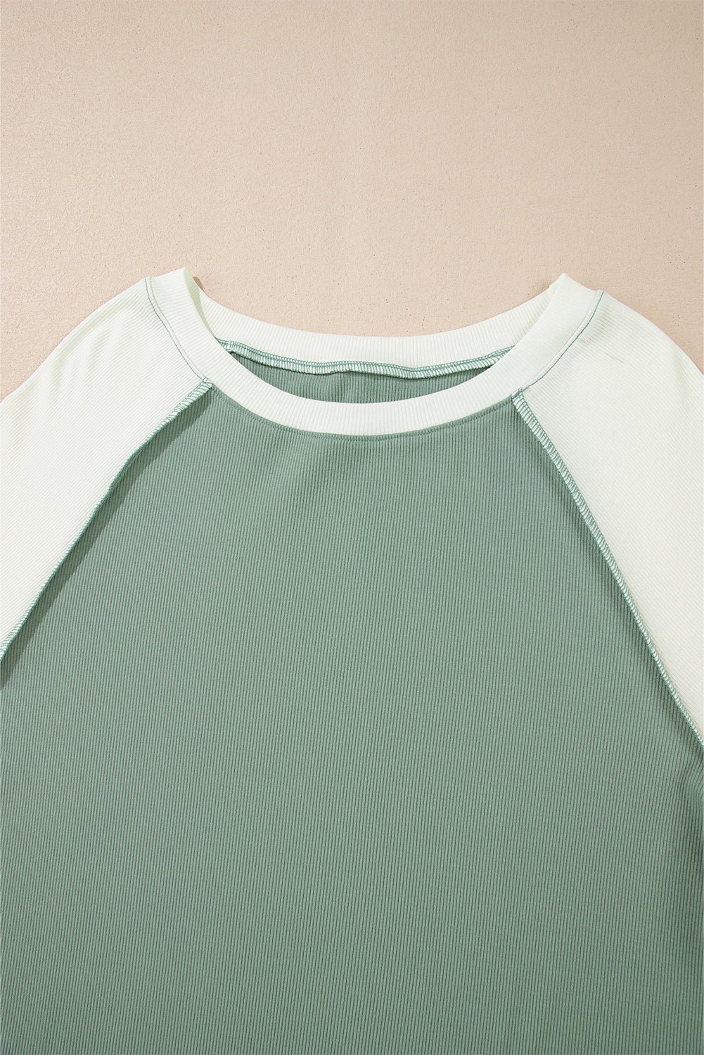 Mint Green Ribbed Colorblock Patchwork Raglan Long Sleeve Top - MAD RUFFI