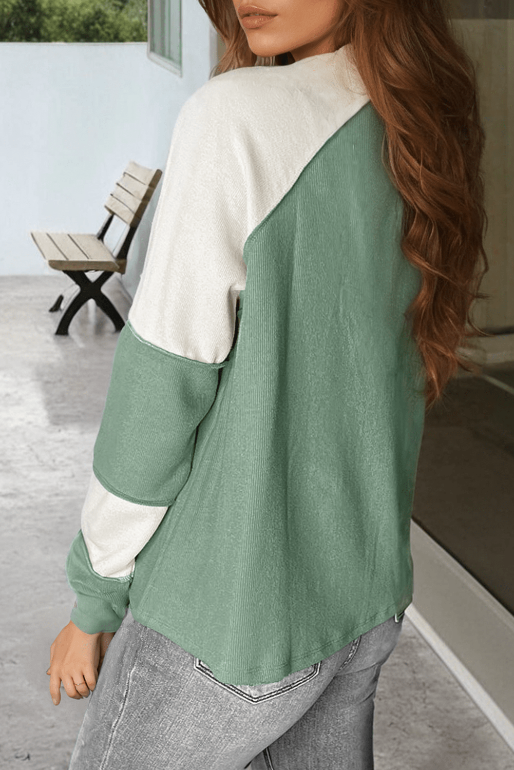 Mint Green Ribbed Colorblock Patchwork Raglan Long Sleeve Top - MAD RUFFI