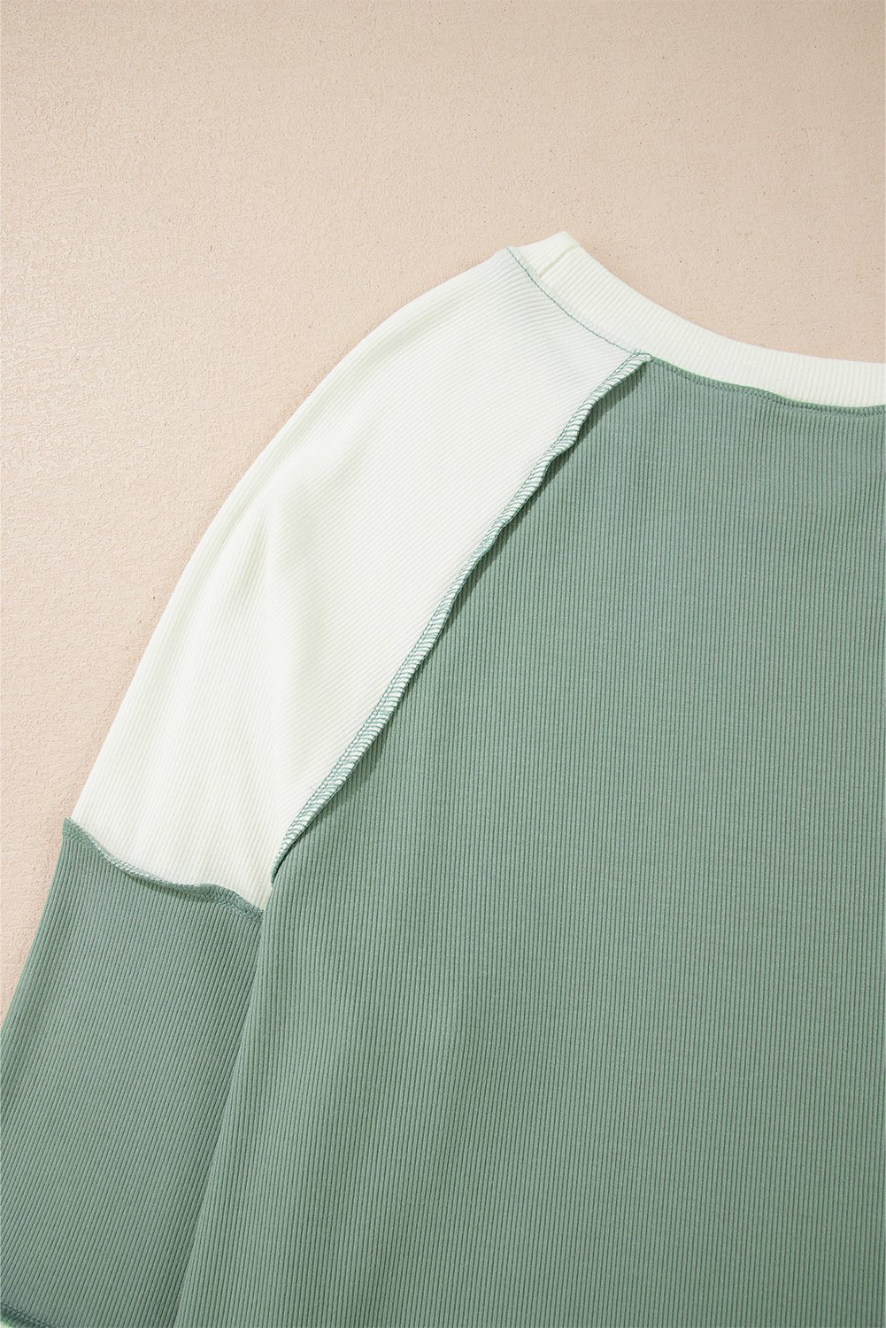 Mint Green Ribbed Colorblock Patchwork Raglan Long Sleeve Top - MAD RUFFI