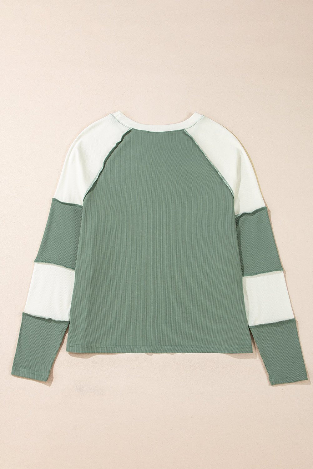 Mint Green Ribbed Colorblock Patchwork Raglan Long Sleeve Top - MAD RUFFI