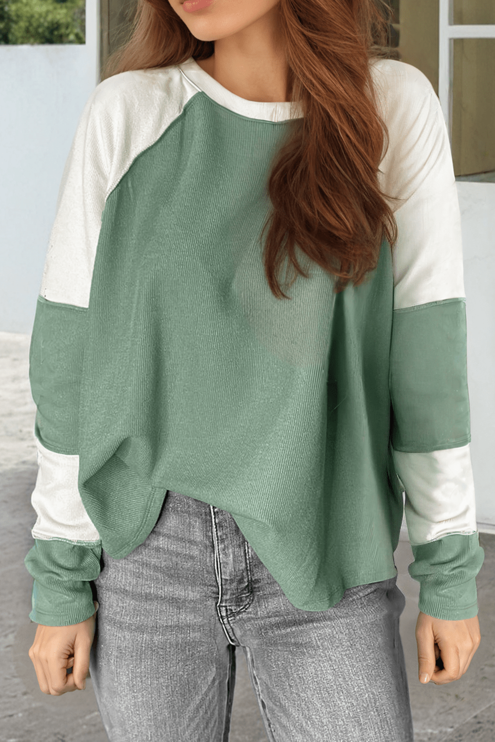 Mint Green Ribbed Colorblock Patchwork Raglan Long Sleeve Top - MAD RUFFI