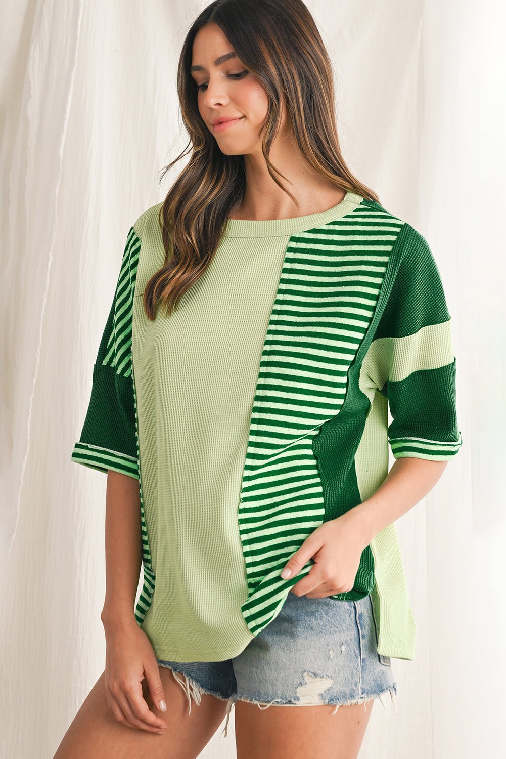 Mint Green Striped Patchwork Half Sleeve T Shirt - MAD RUFFI