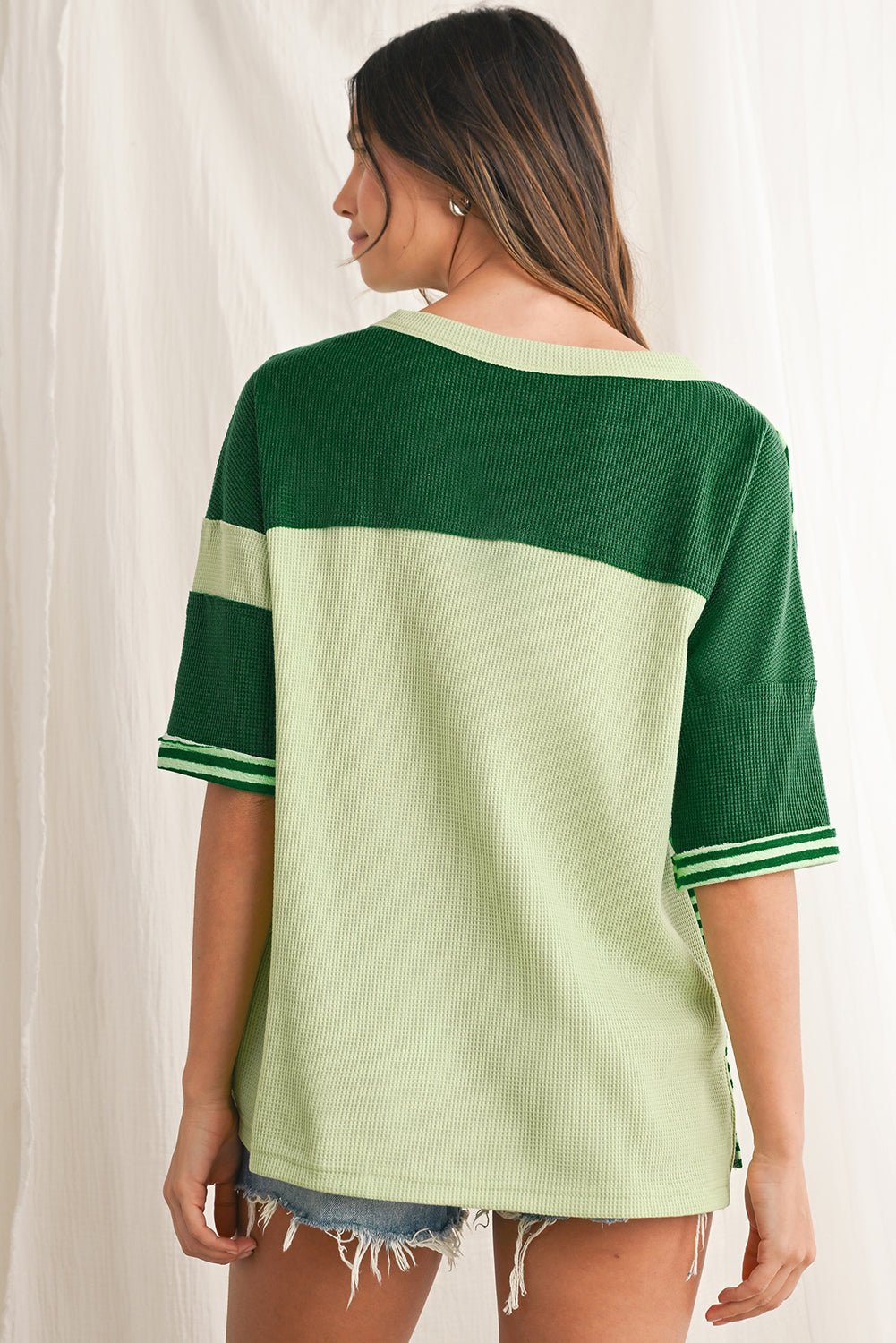 Mint Green Striped Patchwork Half Sleeve T Shirt - MAD RUFFI