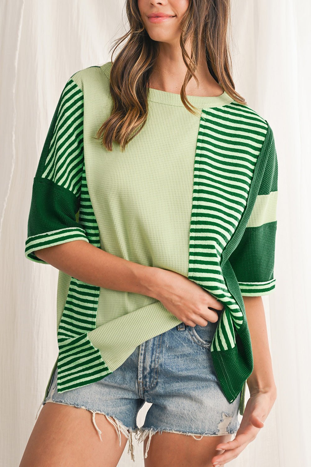Mint Green Striped Patchwork Half Sleeve T Shirt - MAD RUFFI