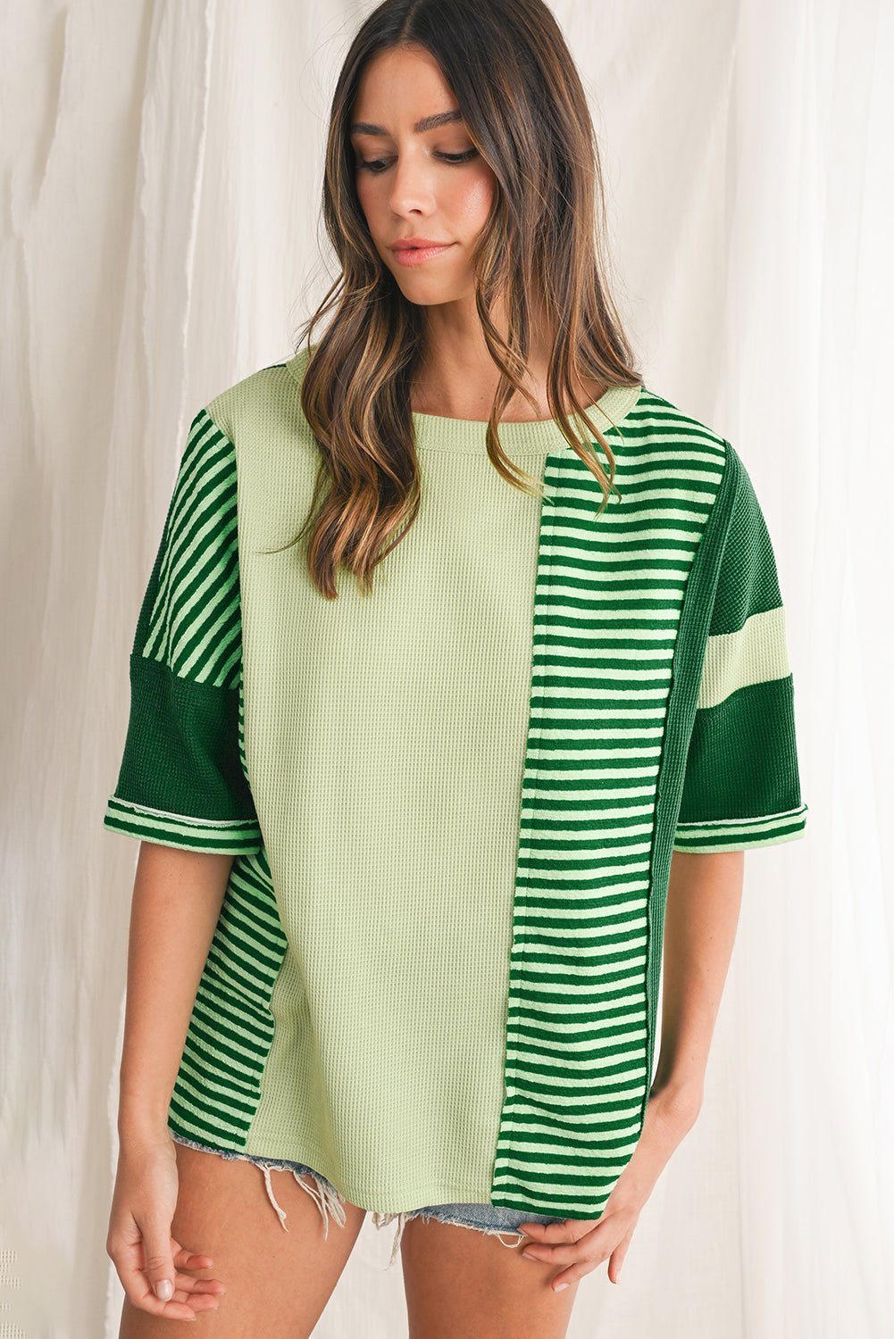 Mint Green Striped Patchwork Half Sleeve T Shirt - MAD RUFFI