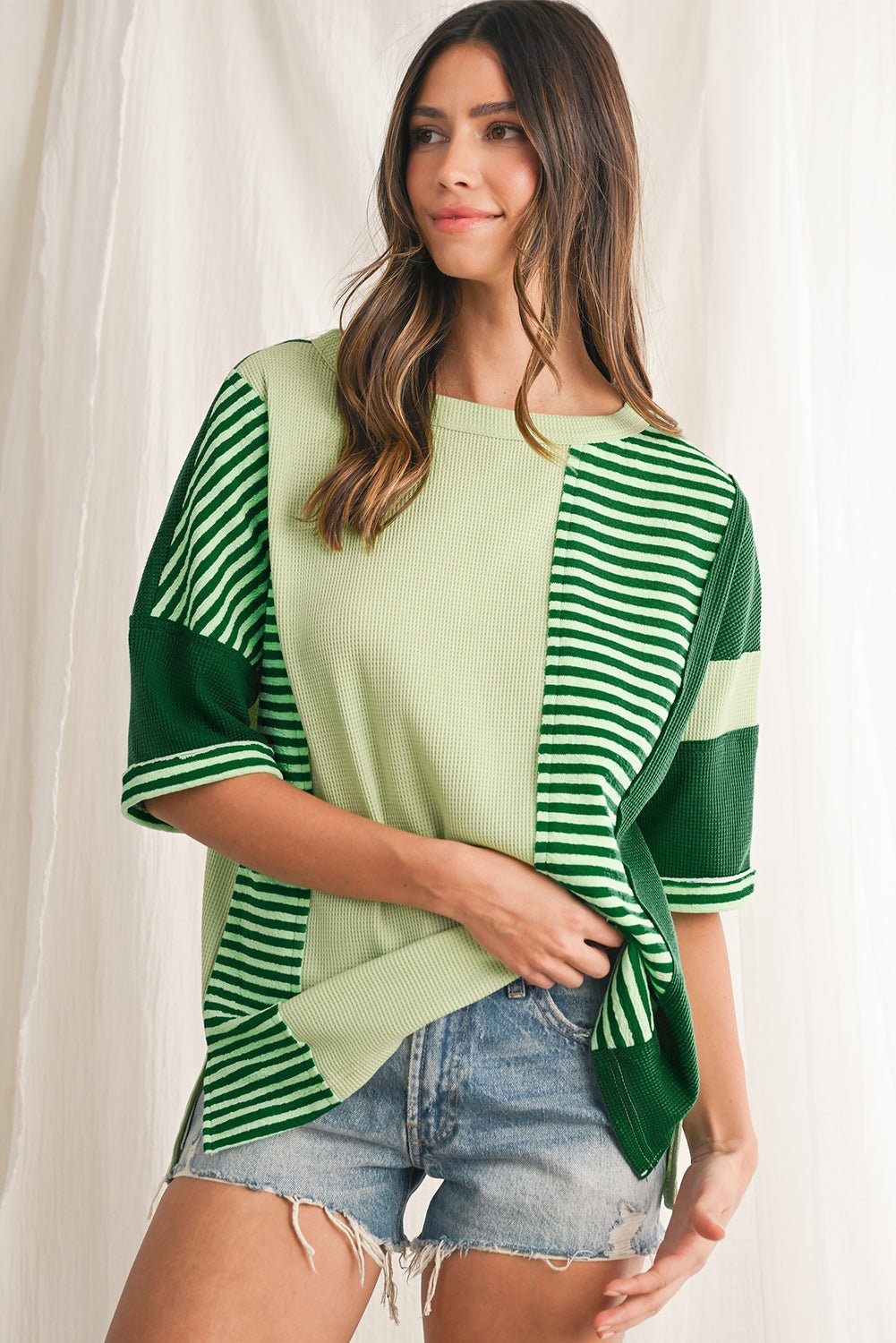 Mint Green Striped Patchwork Half Sleeve T Shirt - MAD RUFFI