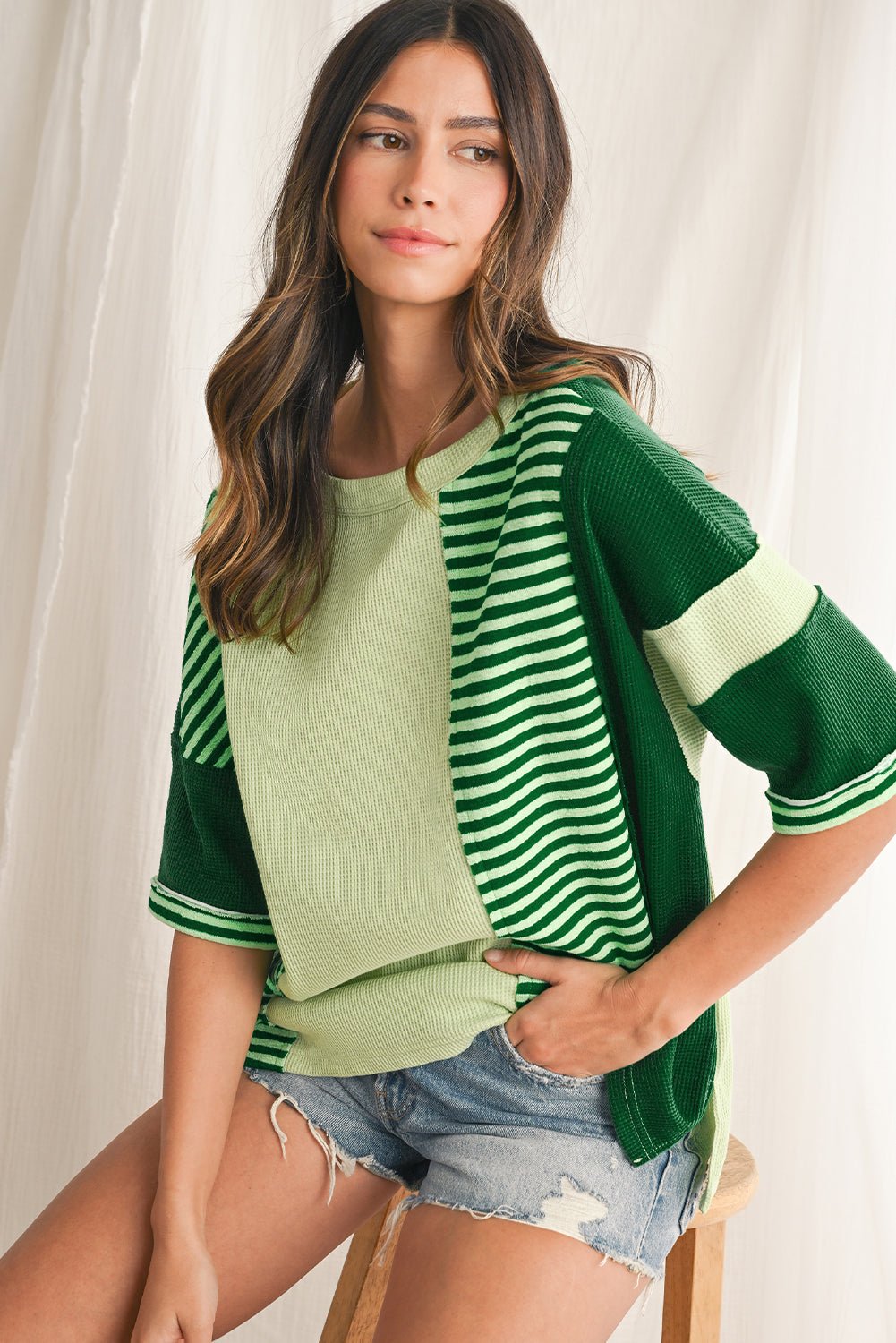 Mint Green Striped Patchwork Half Sleeve T Shirt - MAD RUFFI