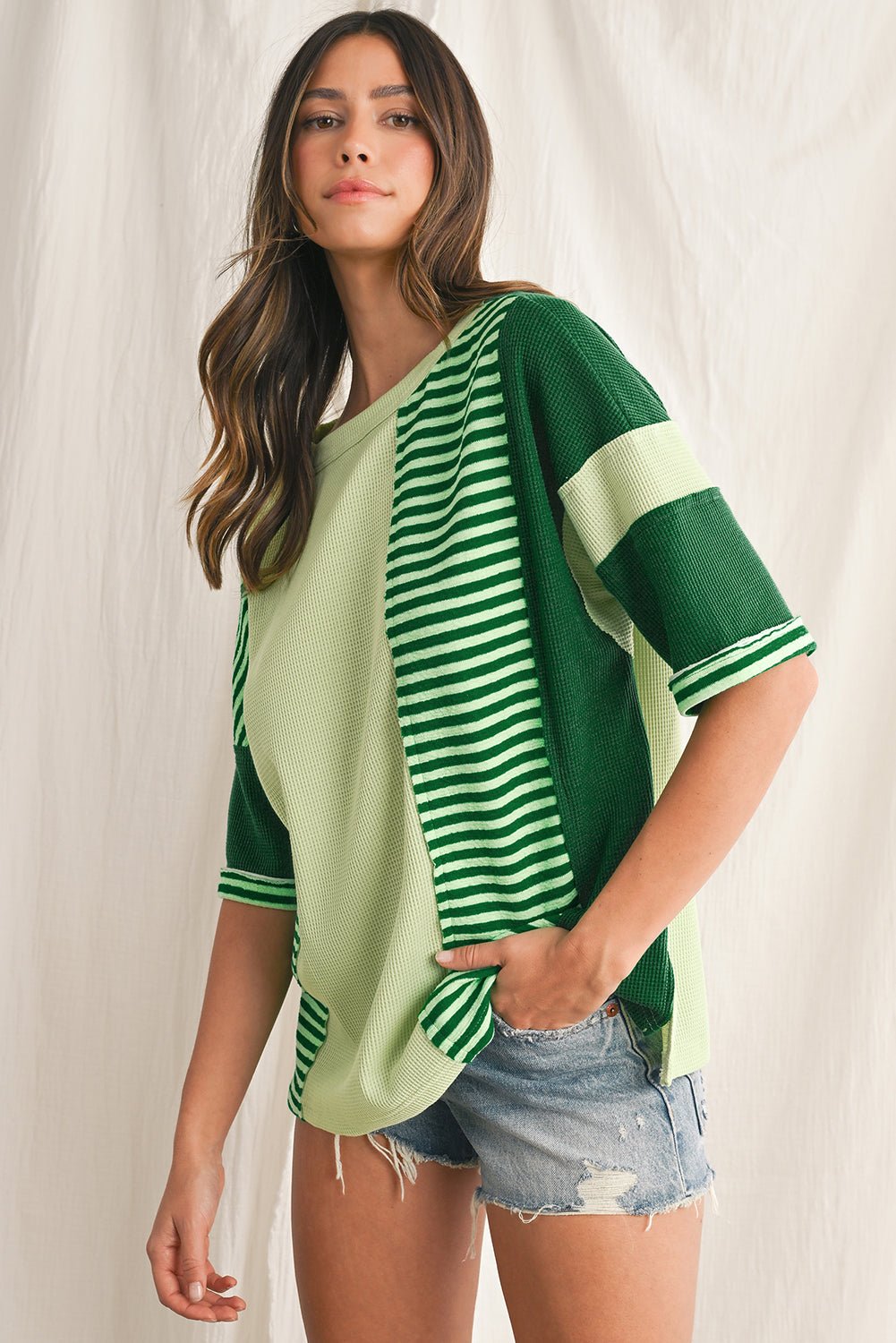 Mint Green Striped Patchwork Half Sleeve T Shirt - MAD RUFFI