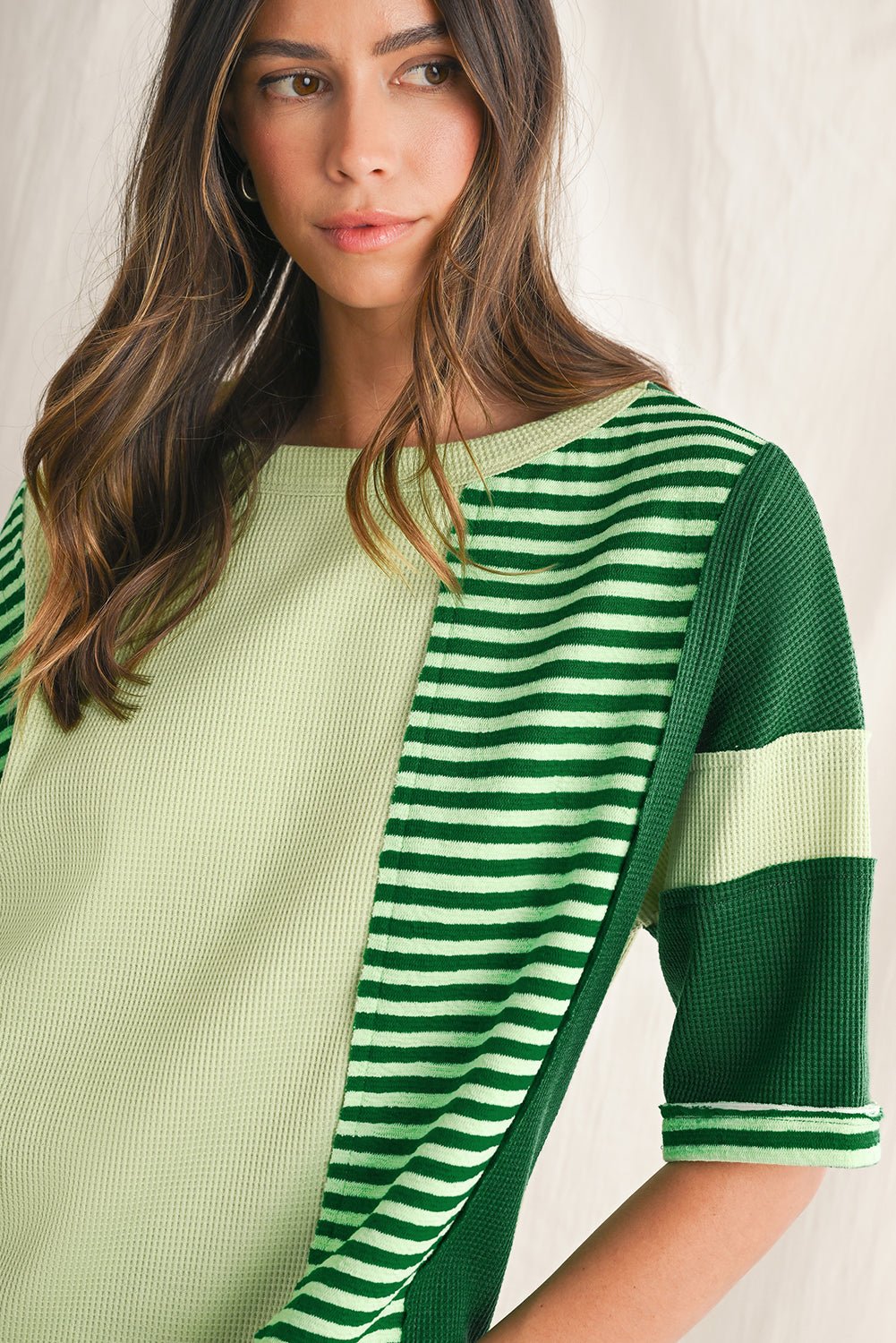 Mint Green Striped Patchwork Half Sleeve T Shirt - MAD RUFFI