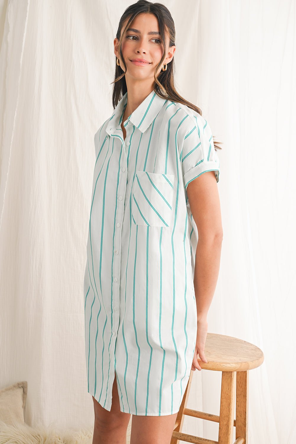 Mint Green Striped Pocket Short Sleeve Mini Dress - MAD RUFFI