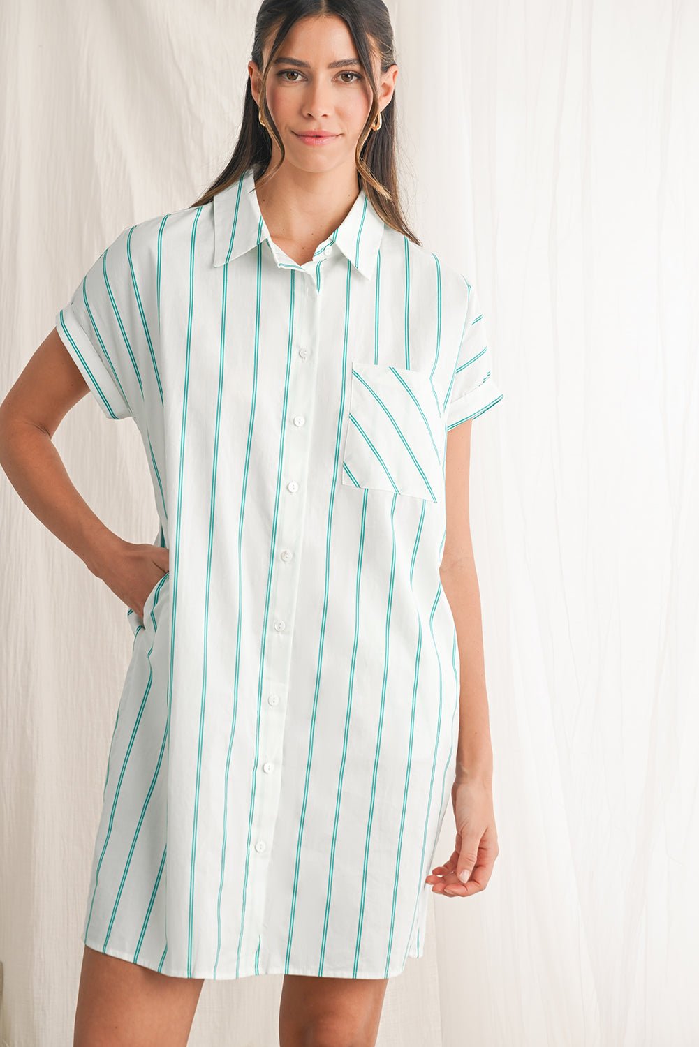 Mint Green Striped Pocket Short Sleeve Mini Dress - MAD RUFFI