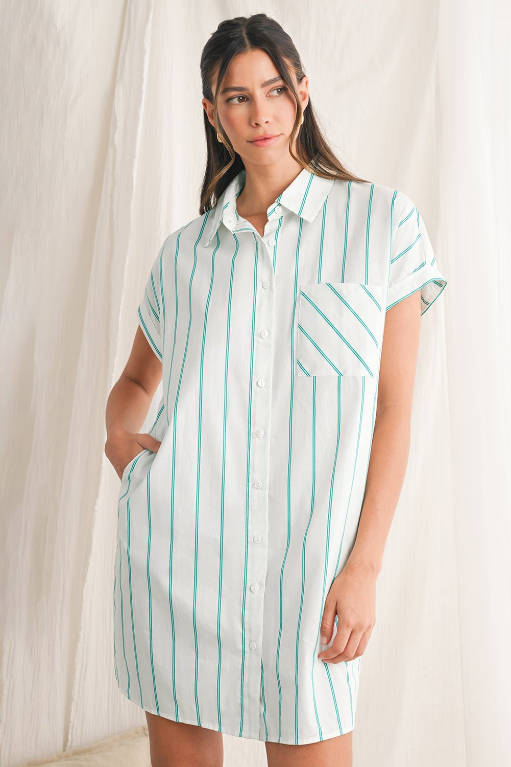 Mint Green Striped Pocket Short Sleeve Mini Dress - MAD RUFFI