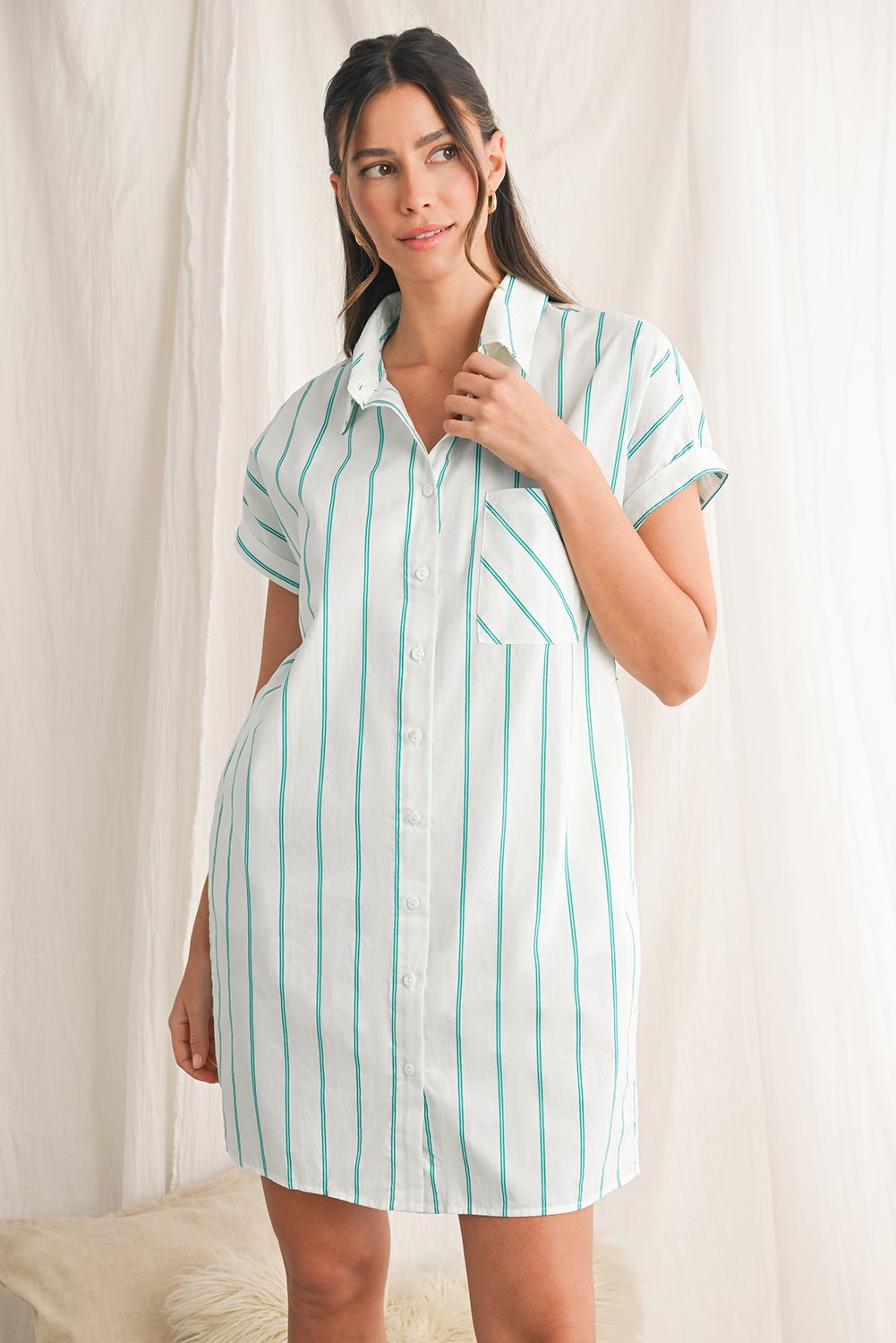 Mint Green Striped Pocket Short Sleeve Mini Dress - MAD RUFFI
