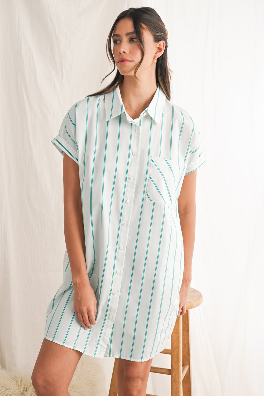 Mint Green Striped Pocket Short Sleeve Mini Dress - MAD RUFFI