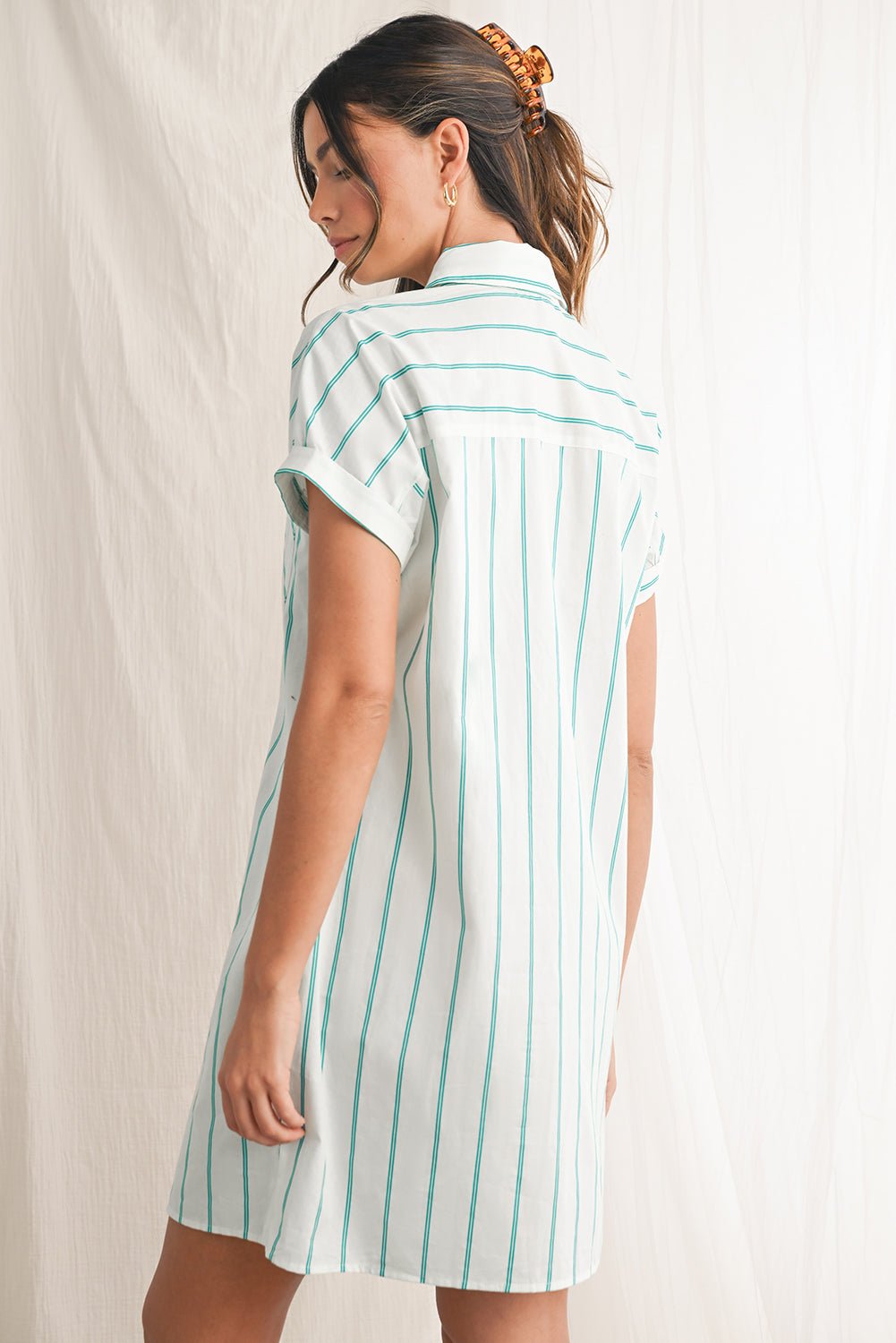 Mint Green Striped Pocket Short Sleeve Mini Dress - MAD RUFFI