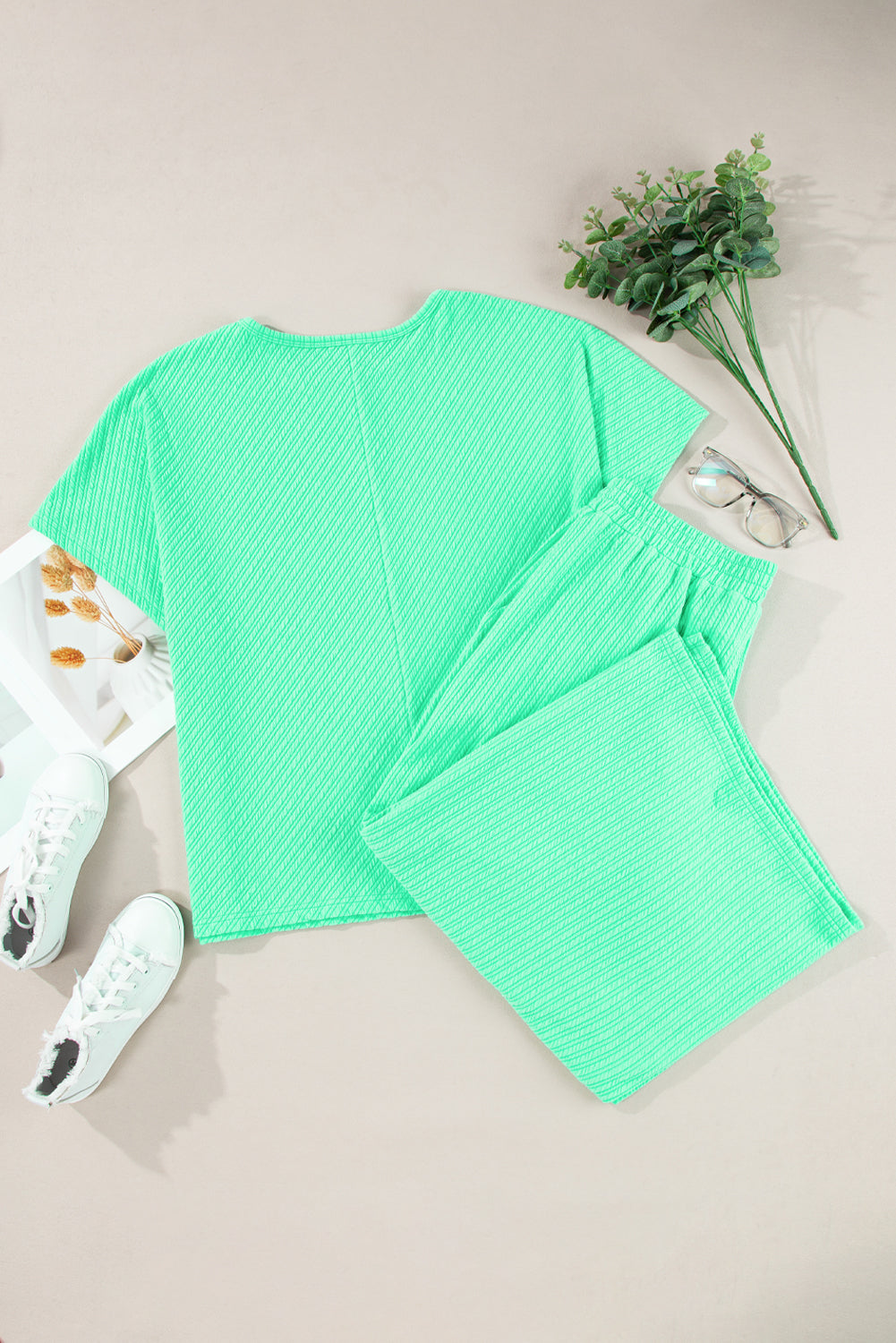 Mint Green Textured Batwing Sleeve Tee & Wide Leg Pants Plus Size Set - MAD RUFFI