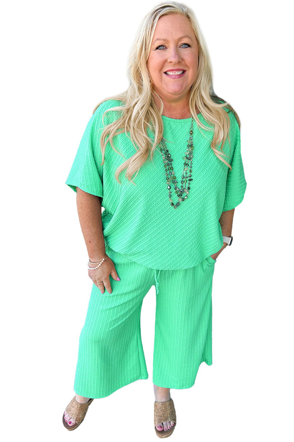 Mint Green Textured Batwing Sleeve Tee & Wide Leg Pants Plus Size Set - MAD RUFFI