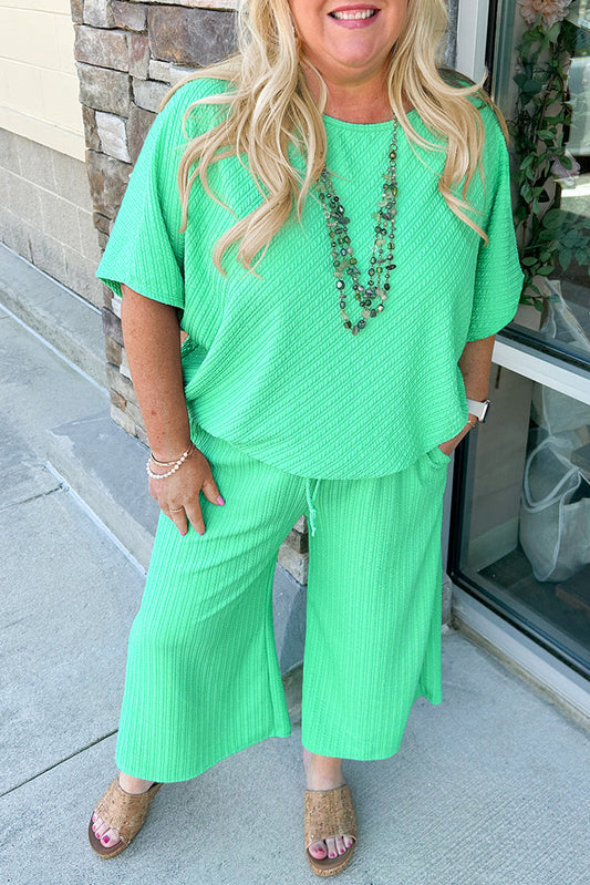 Mint Green Textured Batwing Sleeve Tee & Wide Leg Pants Plus Size Set - MAD RUFFI