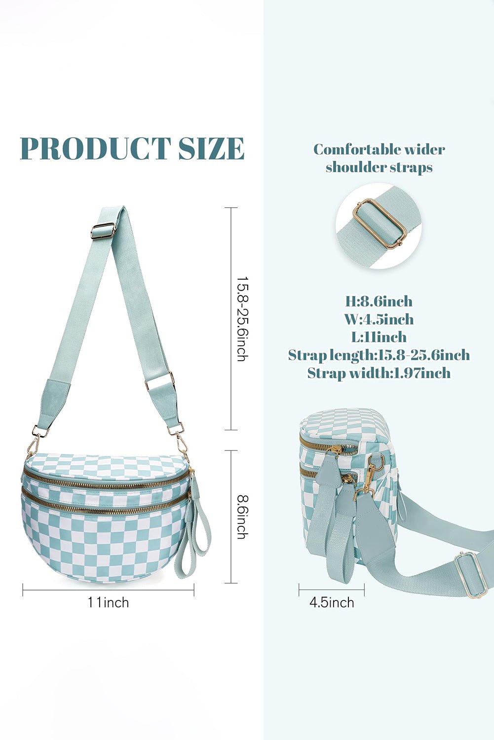 Mist Blue Checkered Print Wide Strap Large Crossbody Bag - MAD RUFFI