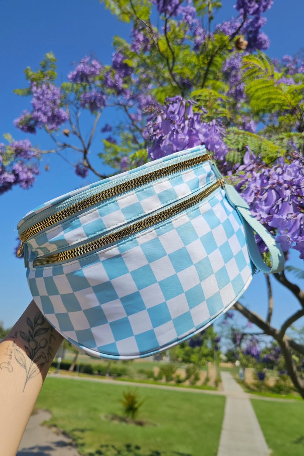 Mist Blue Checkered Print Wide Strap Large Crossbody Bag - MAD RUFFI