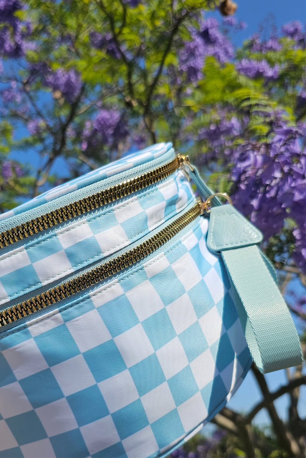 Mist Blue Checkered Print Wide Strap Large Crossbody Bag - MAD RUFFI