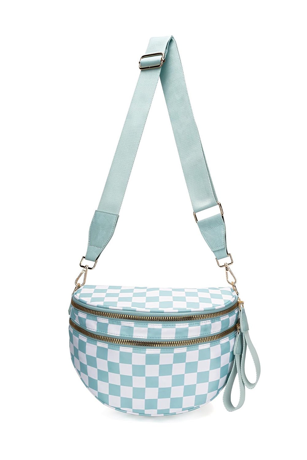 Mist Blue Checkered Print Wide Strap Large Crossbody Bag - MAD RUFFI