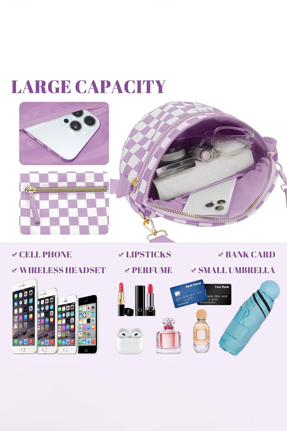 Mist Blue Checkered Print Wide Strap Large Crossbody Bag - MAD RUFFI