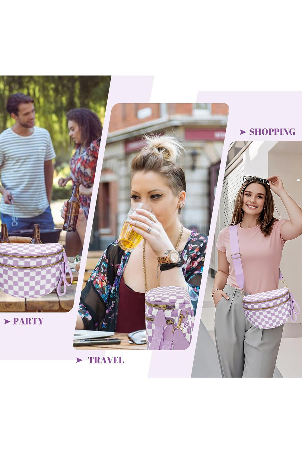 Mist Blue Checkered Print Wide Strap Large Crossbody Bag - MAD RUFFI