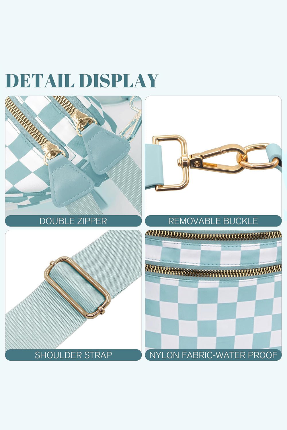 Mist Blue Checkered Print Wide Strap Large Crossbody Bag - MAD RUFFI