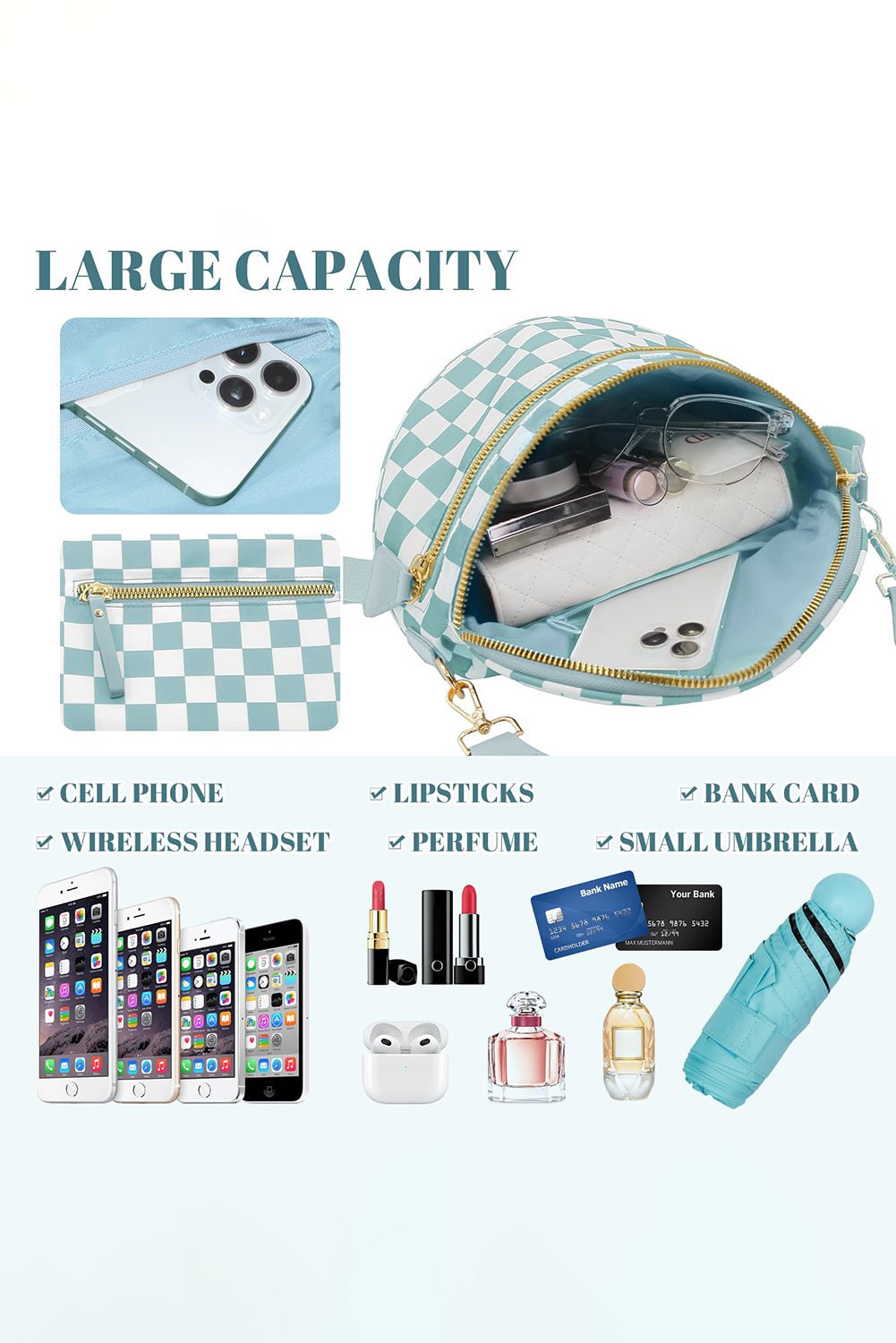 Mist Blue Checkered Print Wide Strap Large Crossbody Bag - MAD RUFFI