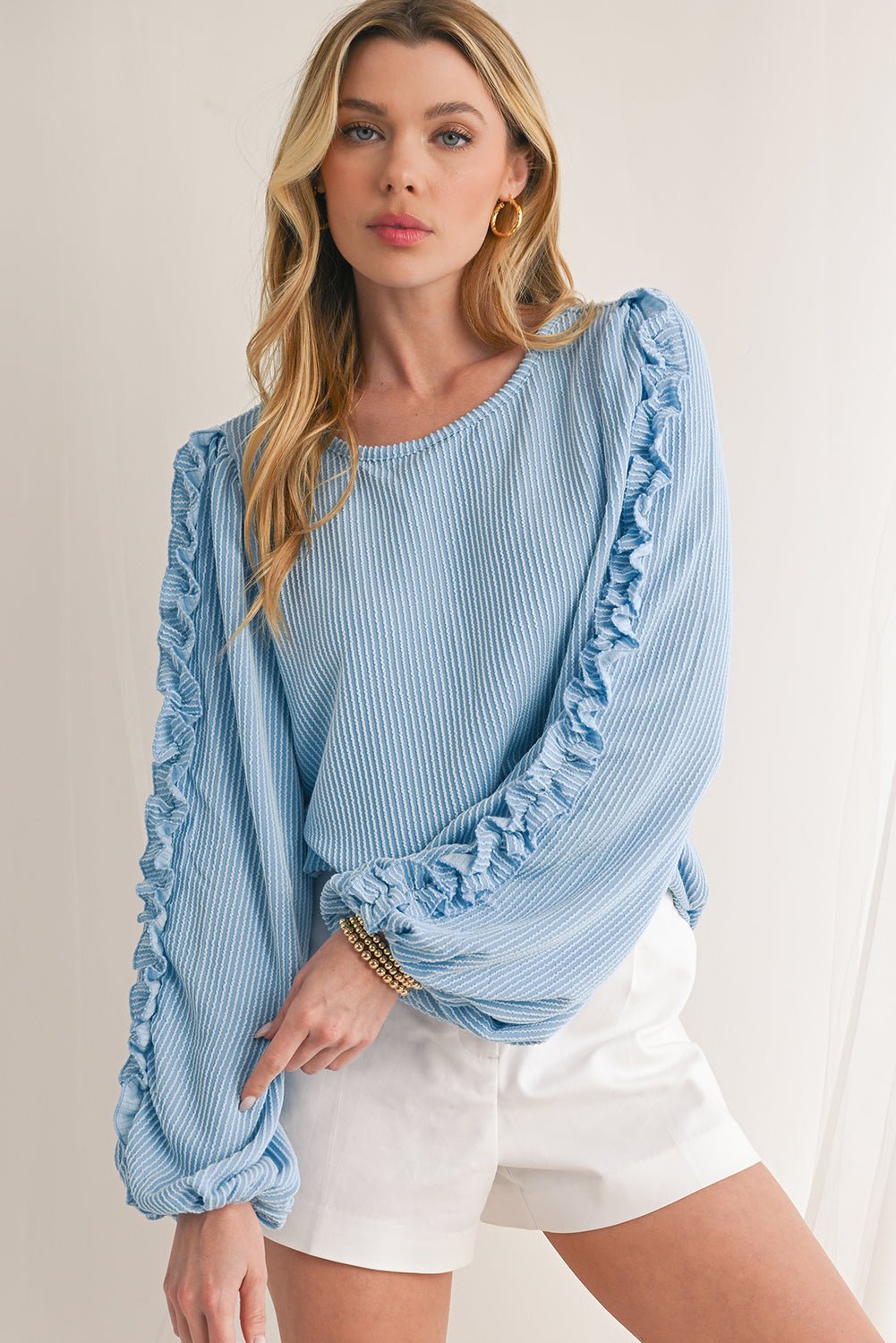 Mist Blue Corded Frill Detail Puff Sleeve Top - MAD RUFFI