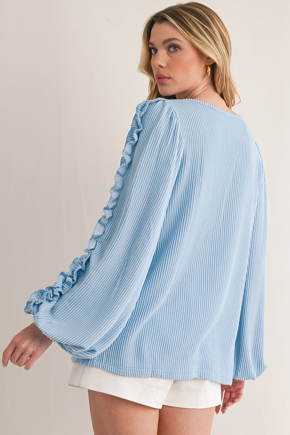 Mist Blue Corded Frill Detail Puff Sleeve Top - MAD RUFFI