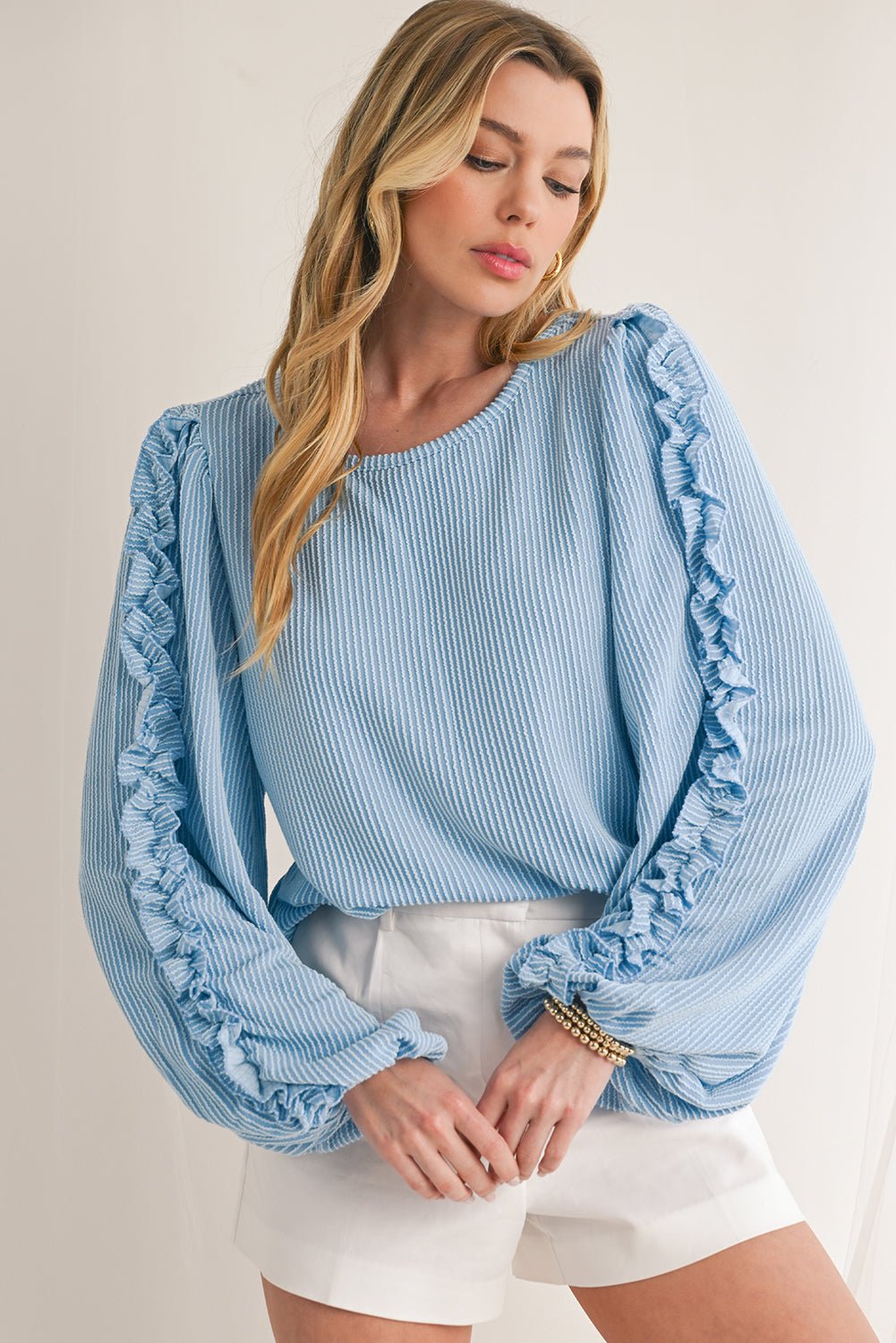 Mist Blue Corded Frill Detail Puff Sleeve Top - MAD RUFFI