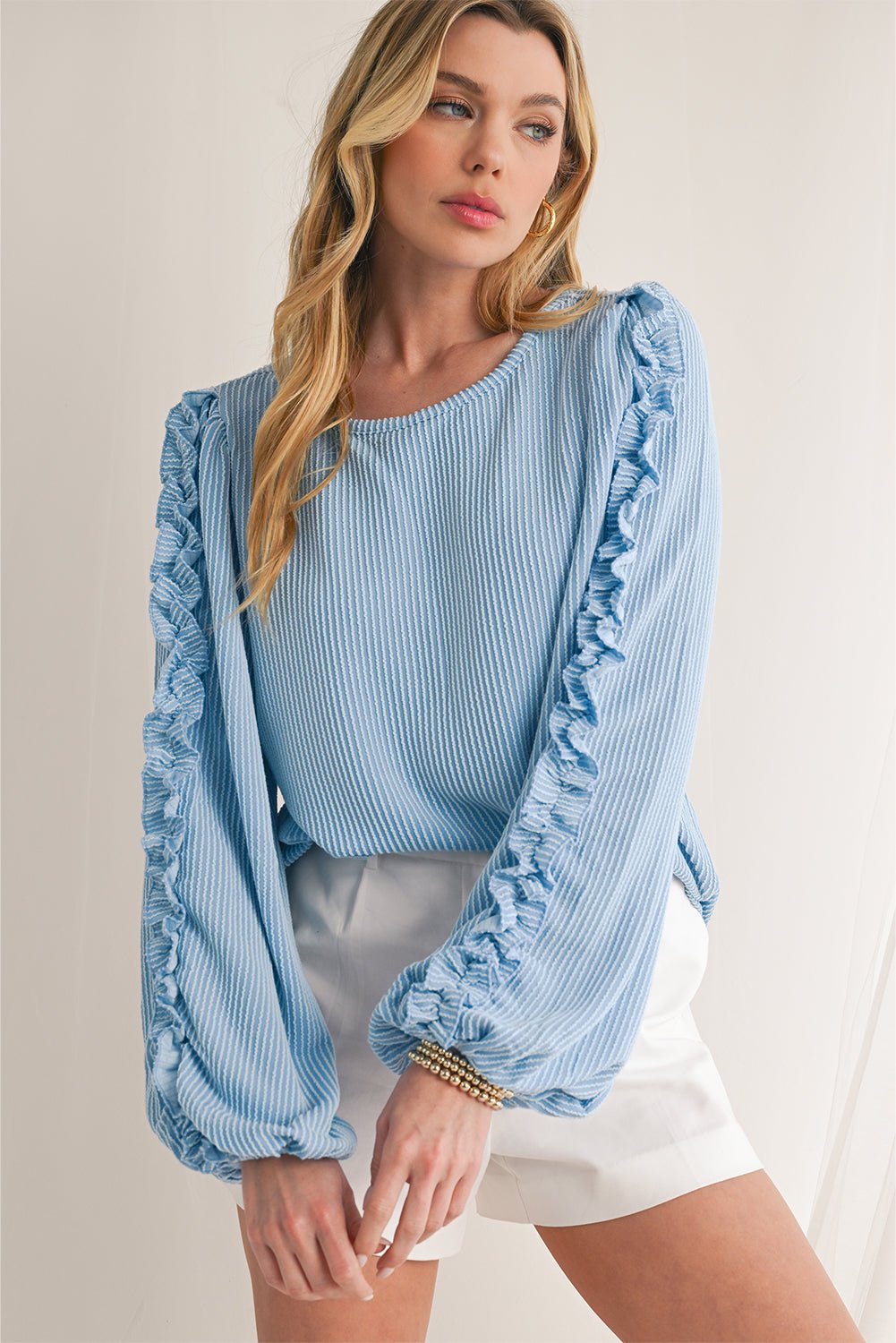 Mist Blue Corded Frill Detail Puff Sleeve Top - MAD RUFFI