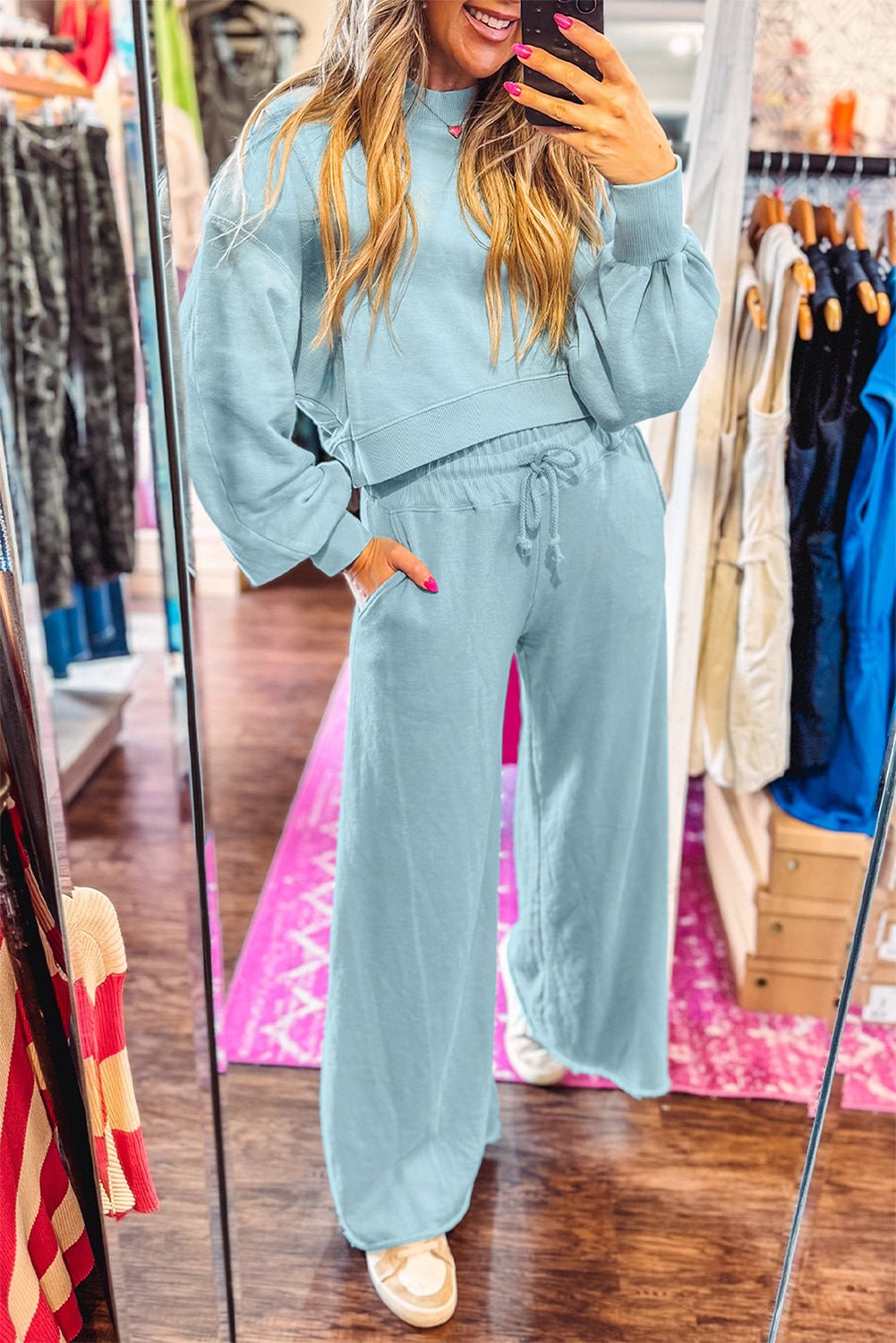 Mist Blue Drop Shoulder Crop Pullover Drawstring Wide Leg Pants Set - MAD RUFFI