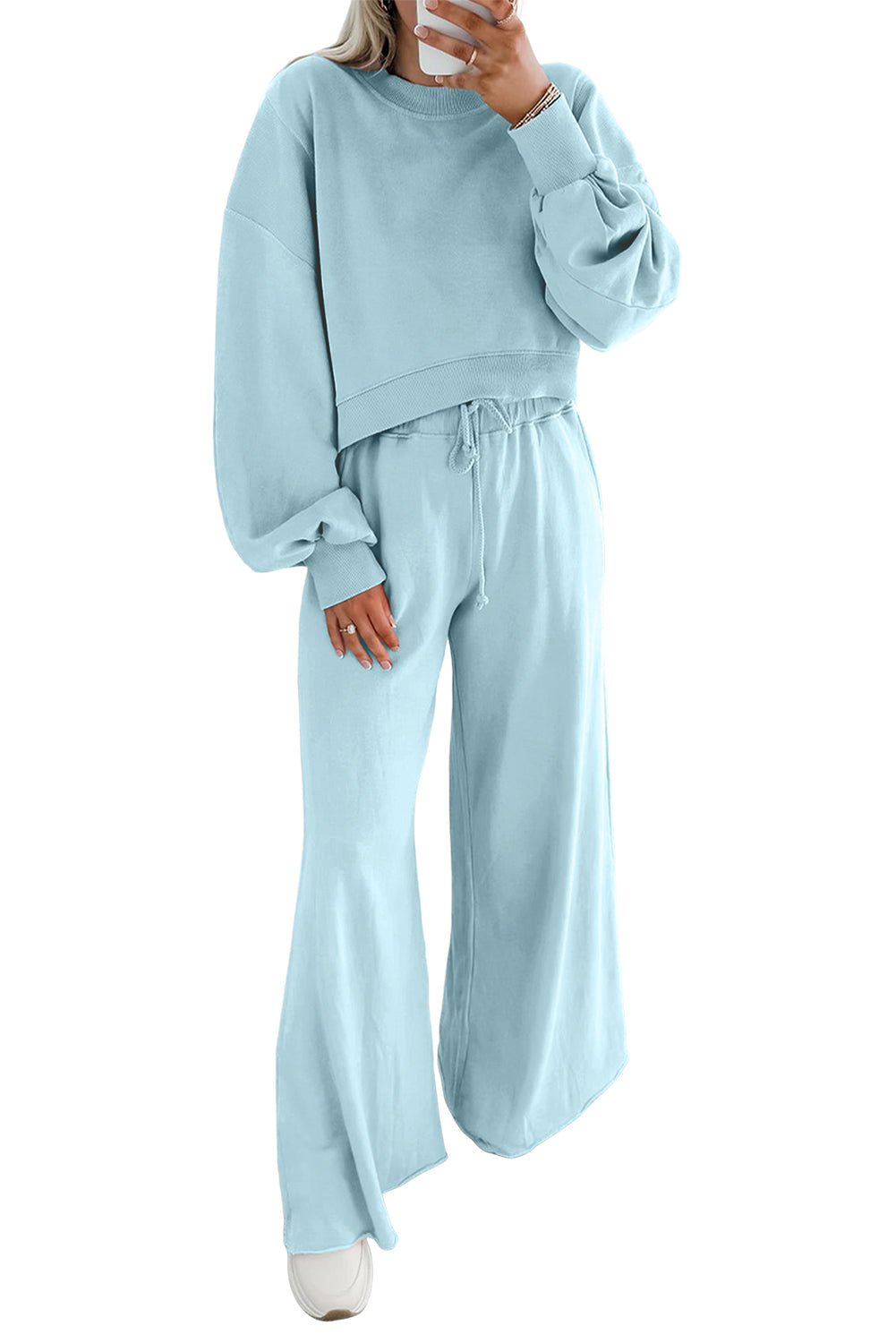 Mist Blue Drop Shoulder Crop Pullover Drawstring Wide Leg Pants Set - MAD RUFFI