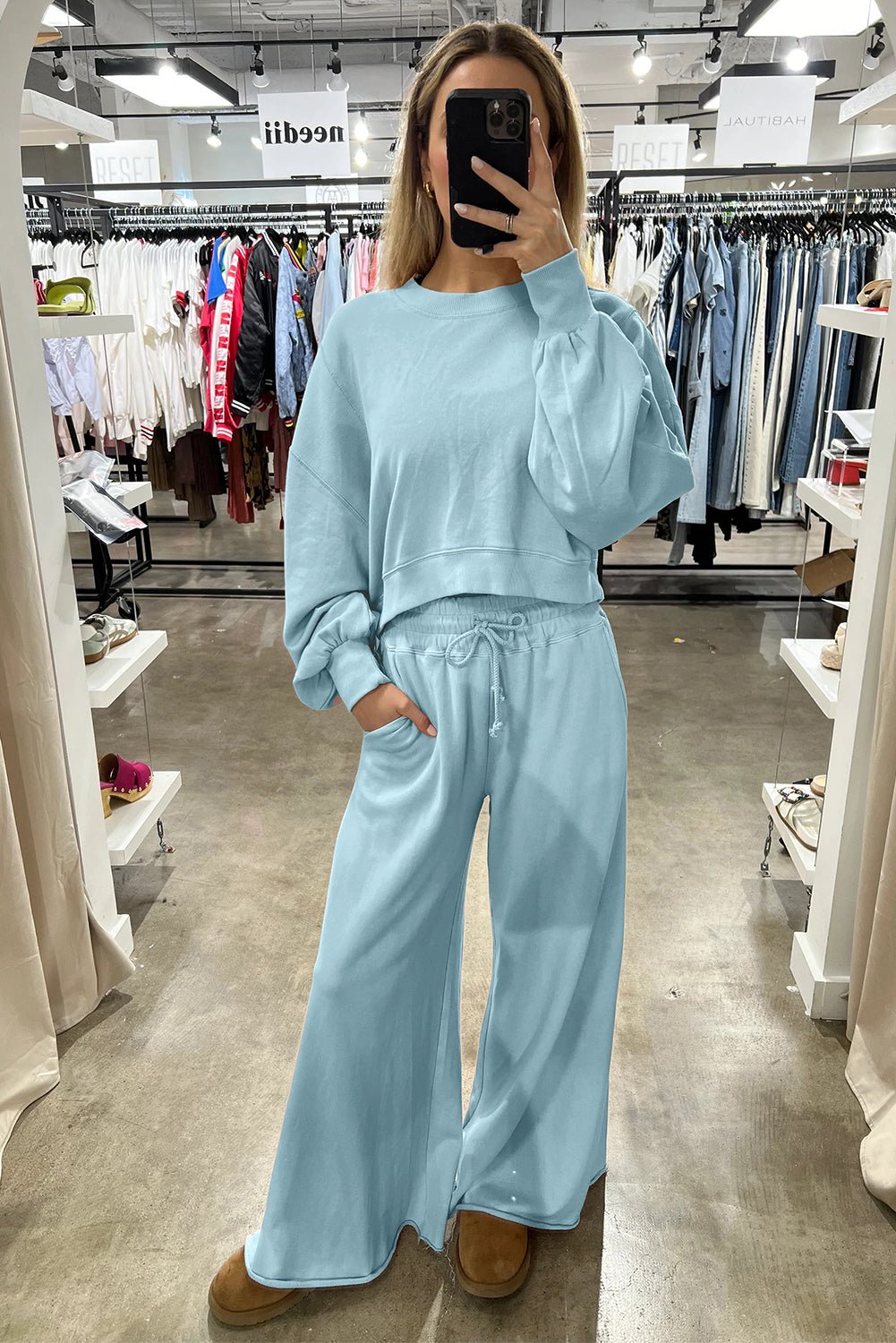Mist Blue Drop Shoulder Crop Pullover Drawstring Wide Leg Pants Set - MAD RUFFI