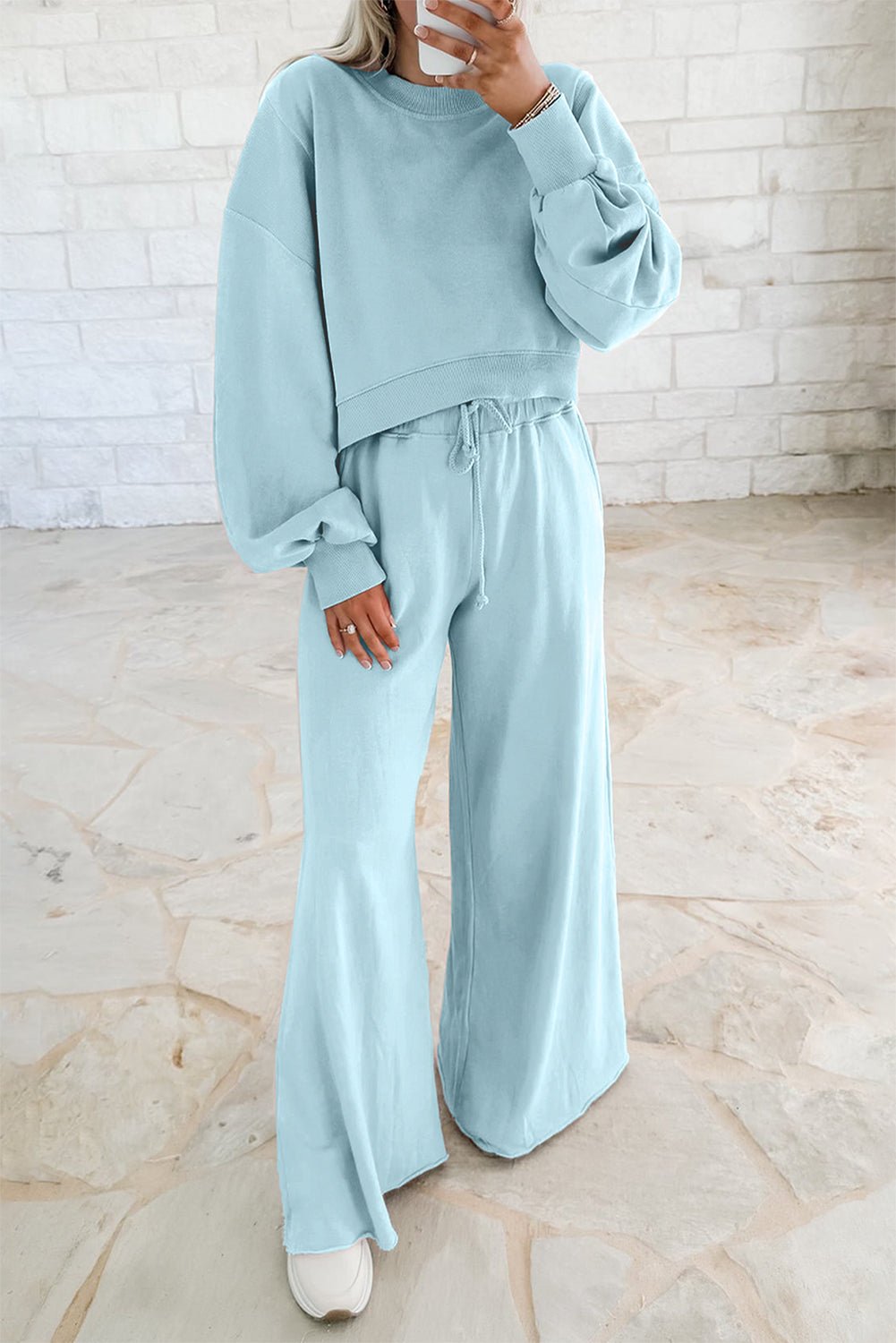 Mist Blue Drop Shoulder Crop Pullover Drawstring Wide Leg Pants Set - MAD RUFFI