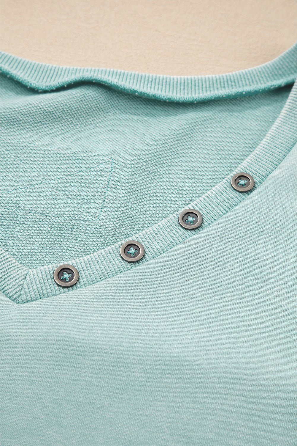 Mist Blue Mineral Wash Exposed Seam Buttoned V Neck Pullover Top - MAD RUFFI