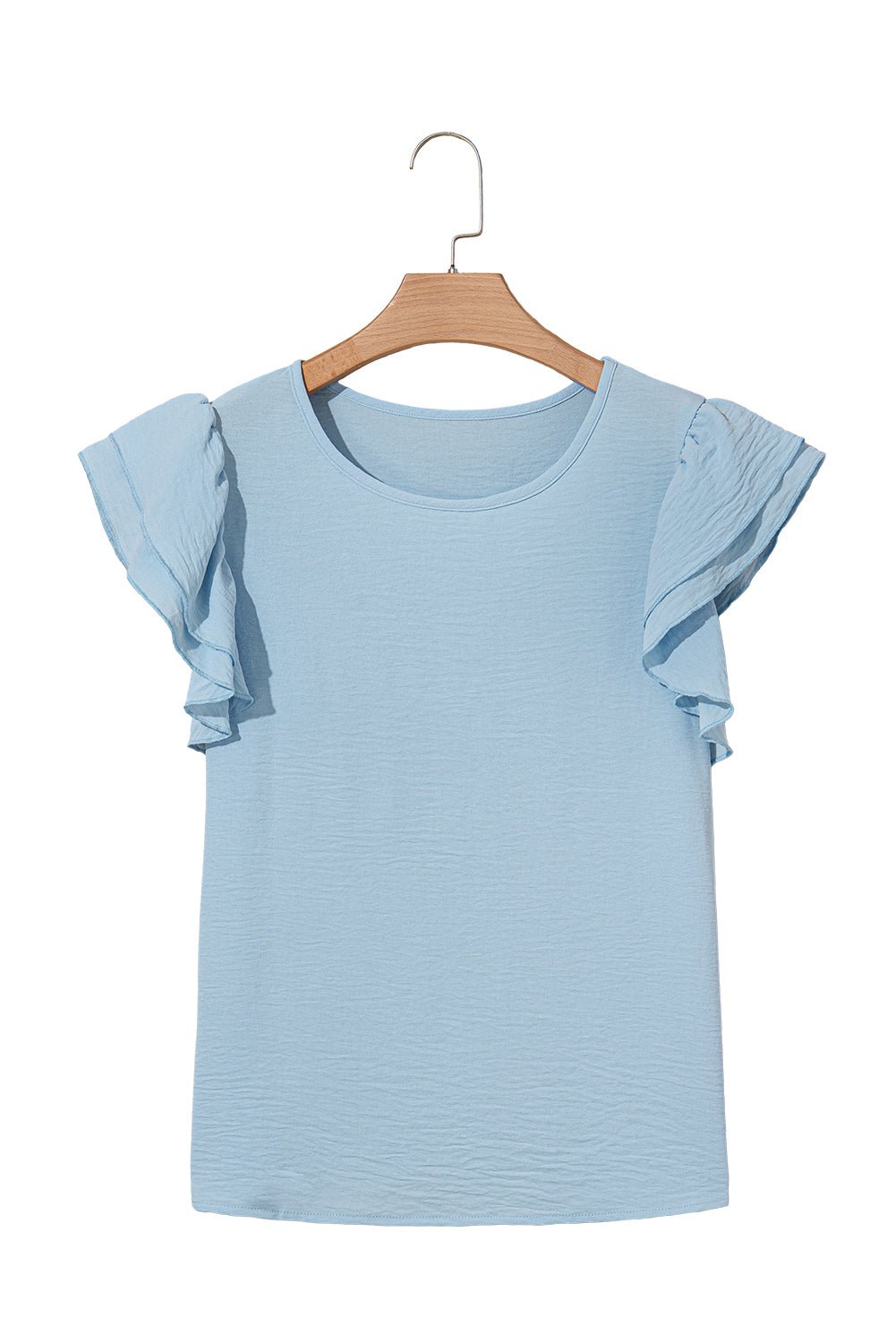 Mist Blue Solid Color Ruffle Sleeve Crinkled Blouse - MAD RUFFI