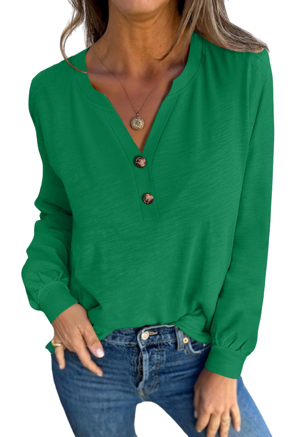 Mist Green Casual Button V Neck Long Sleeve T-Shirt - MAD RUFFI