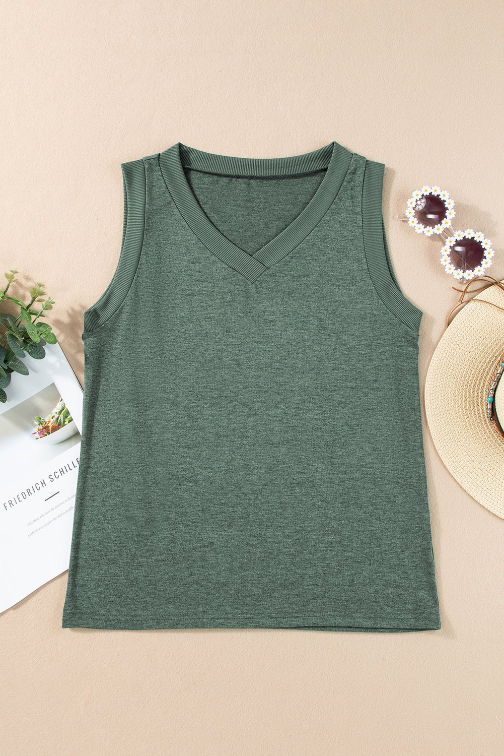 Mist Green Contrast Trim V - Neck Loose Fit Tank Top - MAD RUFFI
