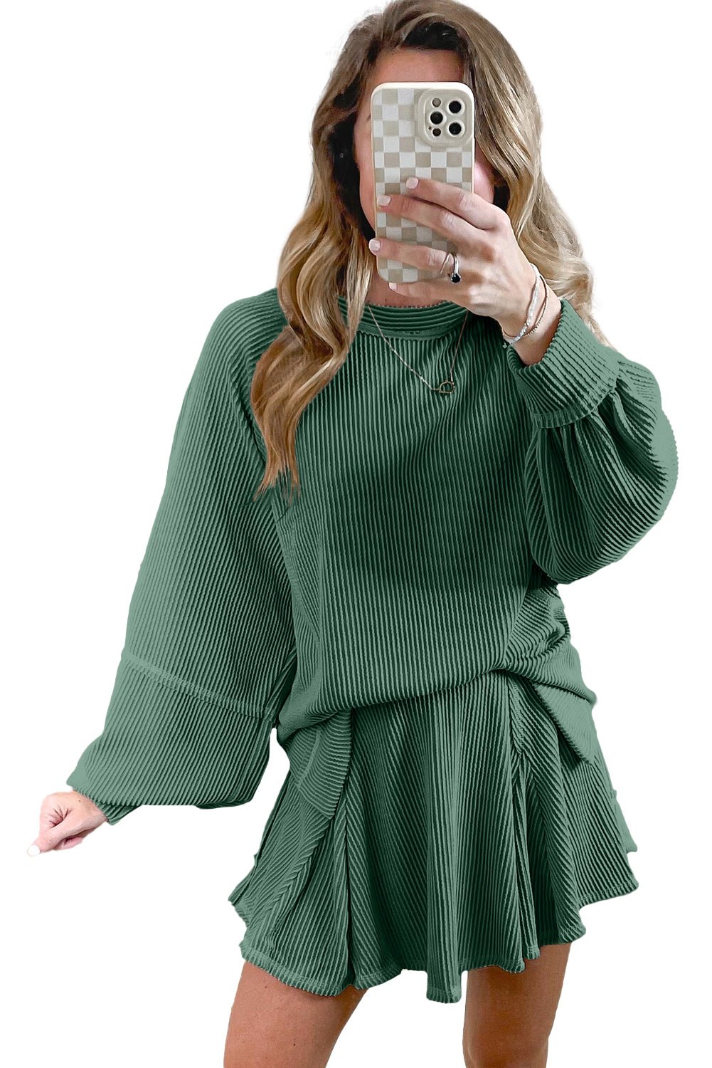 Mist Green Corded Bishop Sleeve Pullover and Ruffle Mini Skirt Set - MAD RUFFI