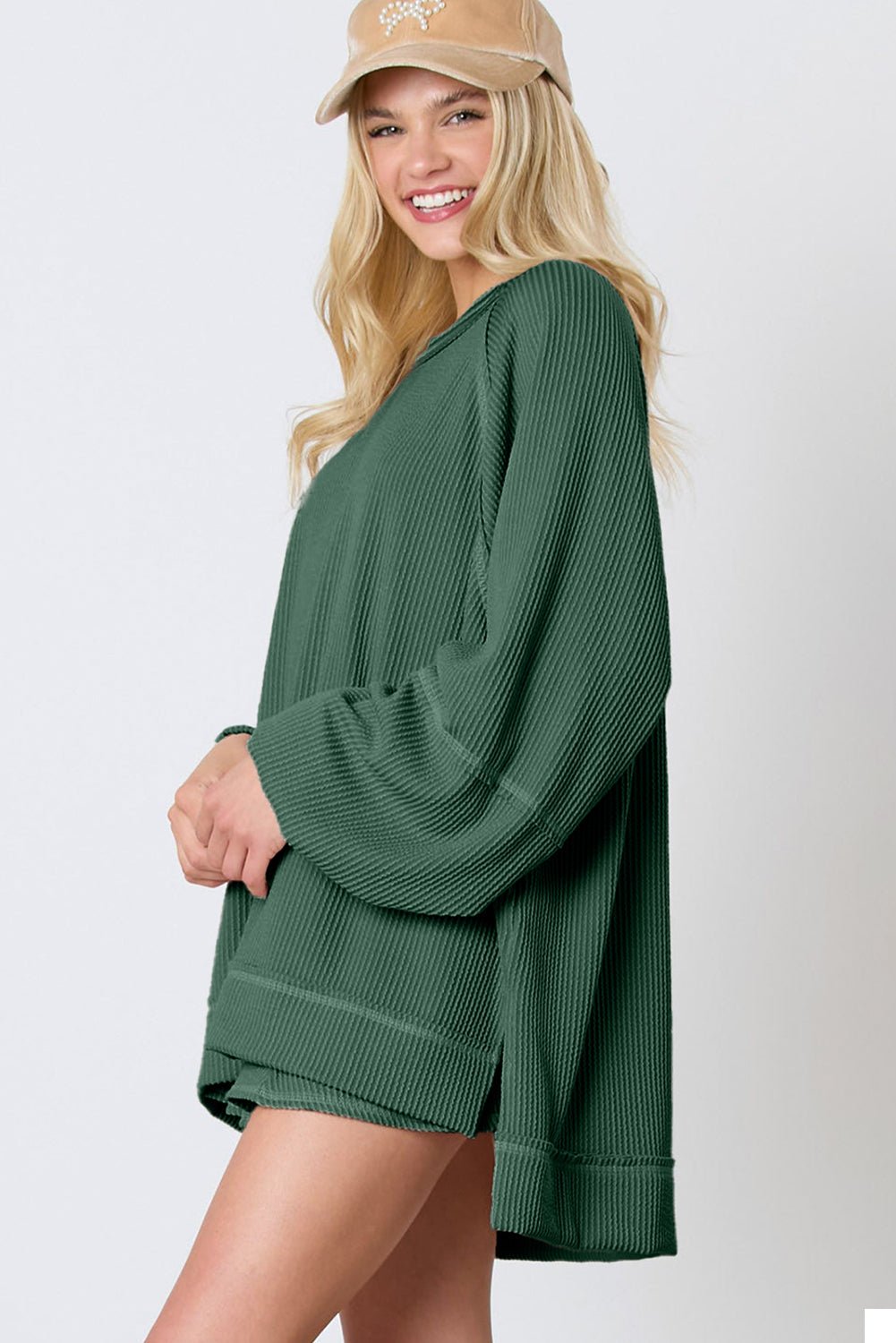 Mist Green Corded Bishop Sleeve Pullover and Ruffle Mini Skirt Set - MAD RUFFI