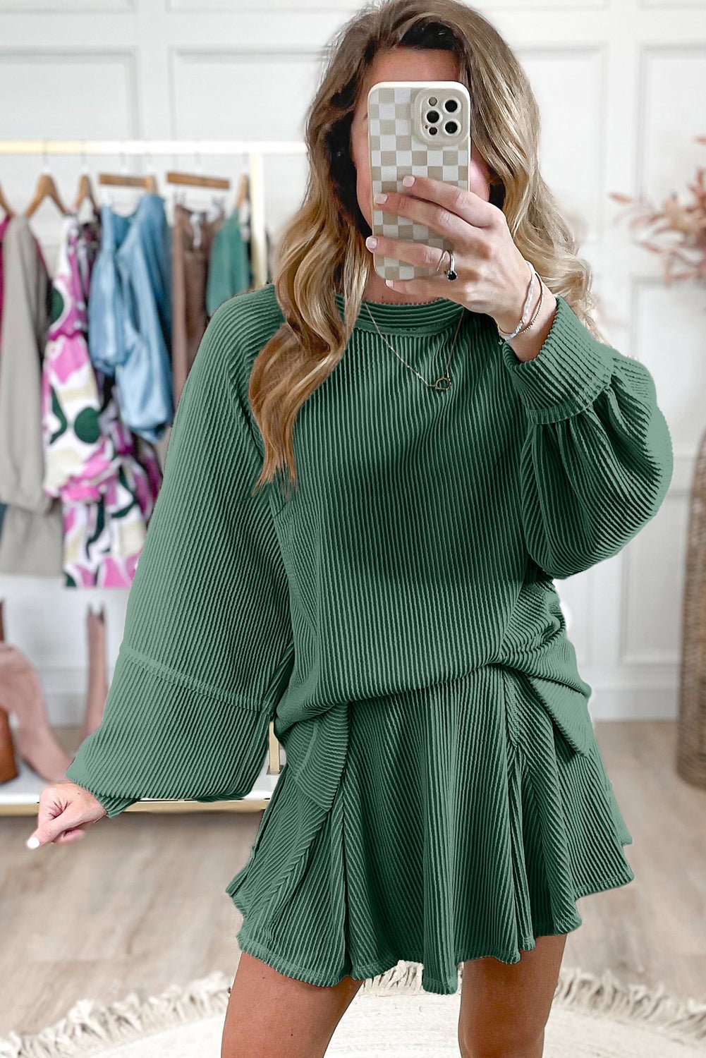 Mist Green Corded Bishop Sleeve Pullover and Ruffle Mini Skirt Set - MAD RUFFI