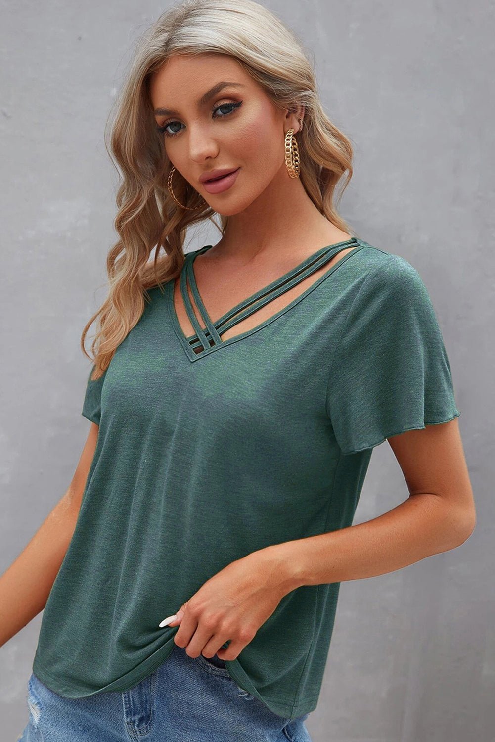 Mist Green Crisscross V Neck Flutter Sleeve T Shirt - MAD RUFFI