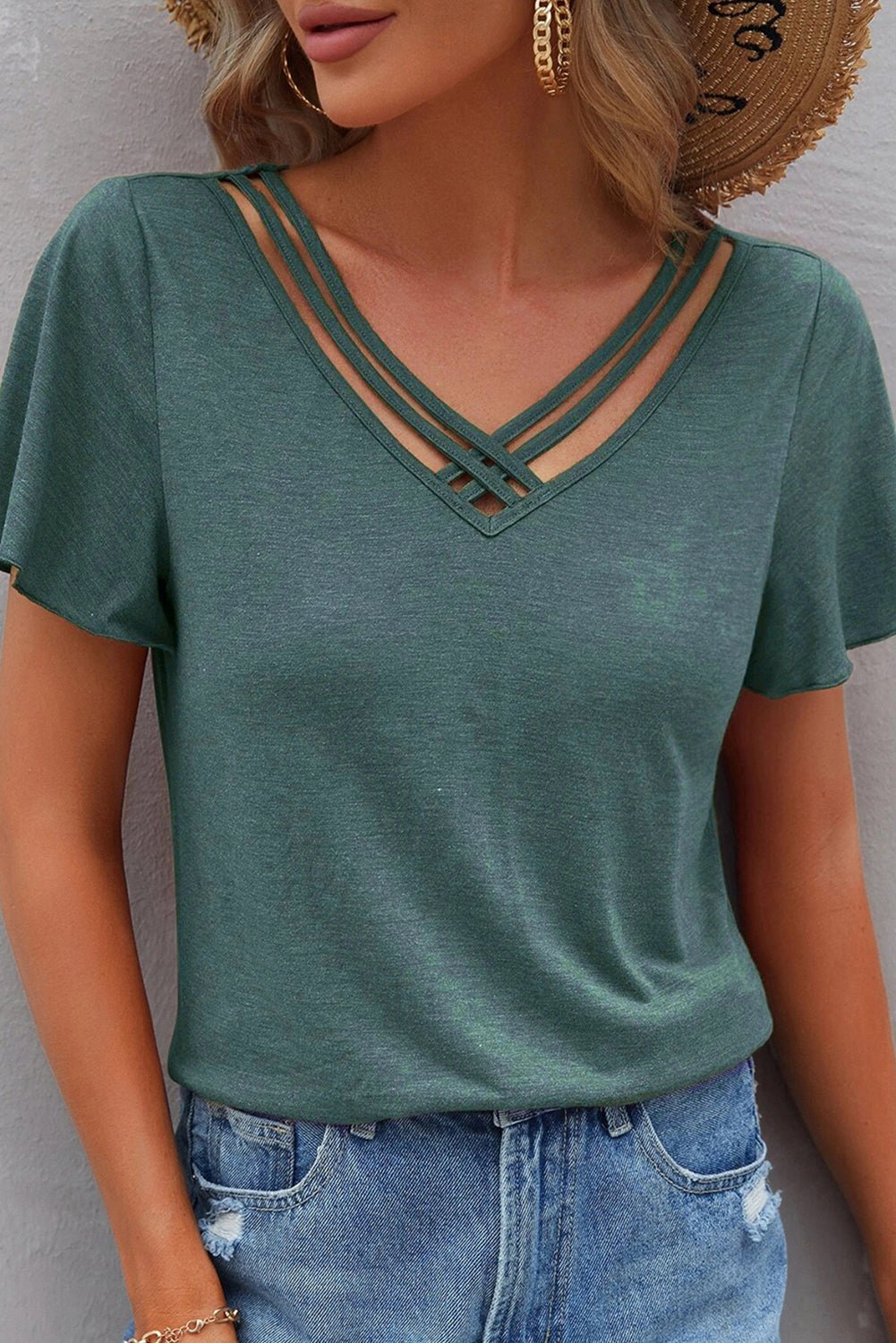 Mist Green Crisscross V Neck Flutter Sleeve T Shirt - MAD RUFFI
