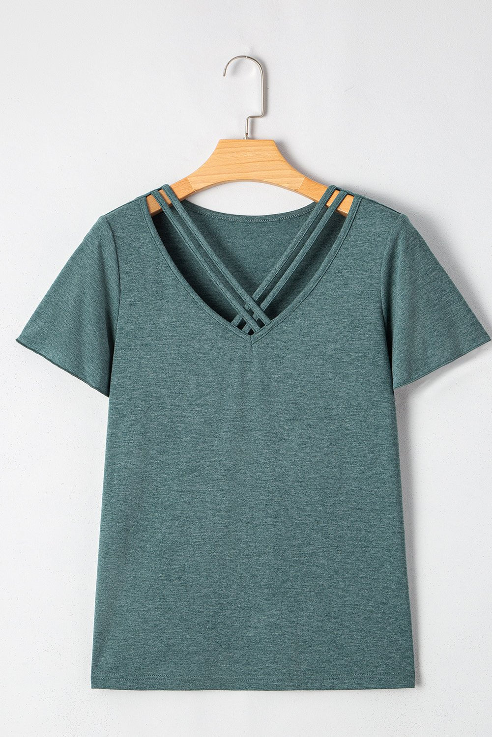 Mist Green Crisscross V Neck Flutter Sleeve T Shirt - MAD RUFFI